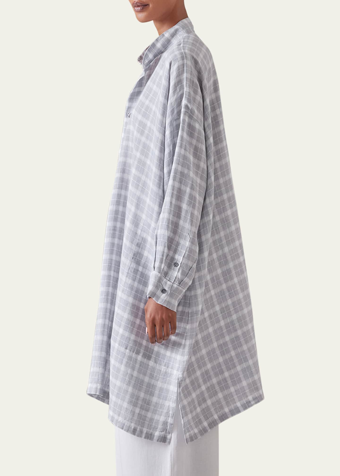 Eskandar Wide A-Line Collarless Shirt With Slits (Very Long Length) Image 4 of 5