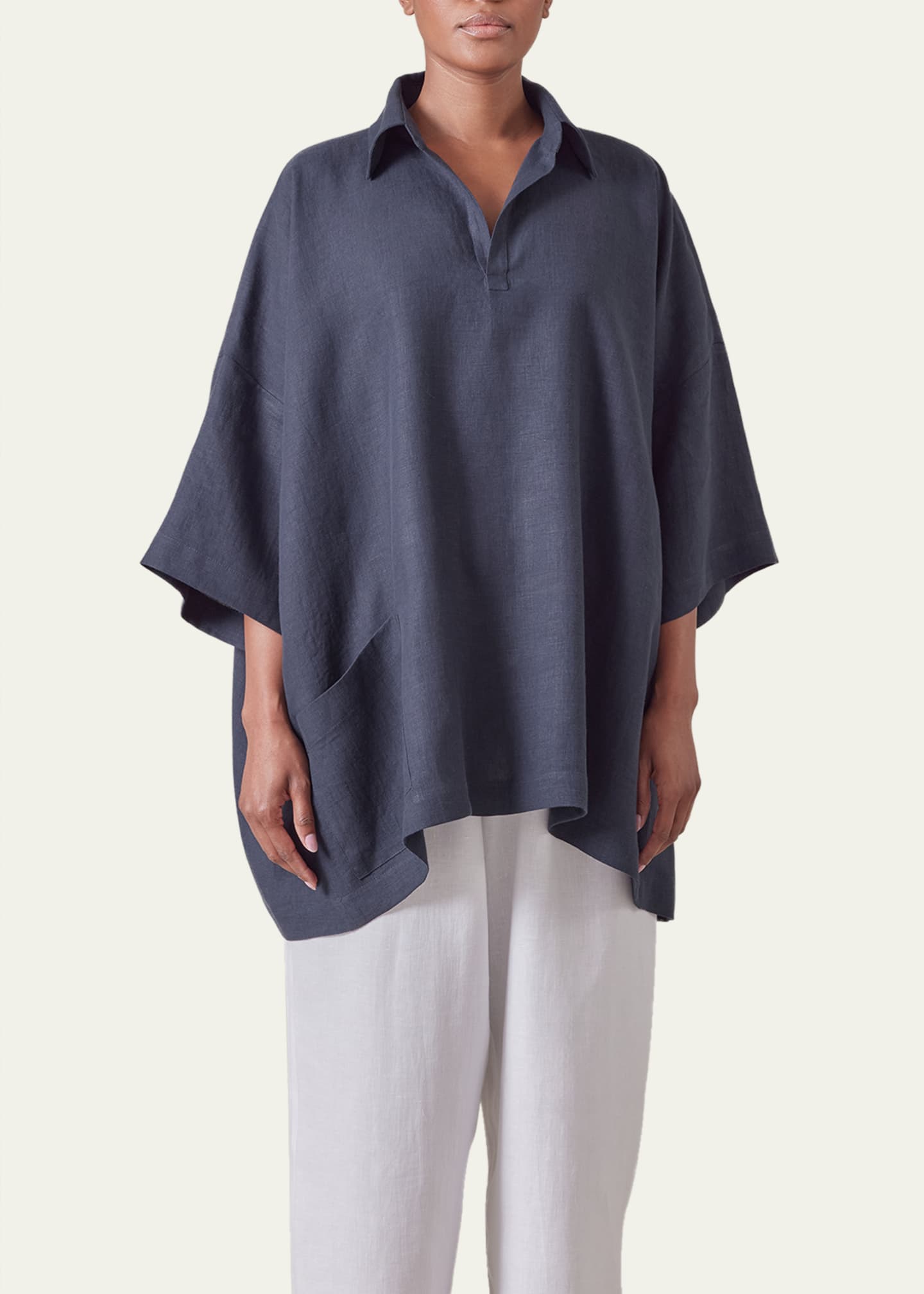 Eskandar Angle-To-Front Side Seam Short Sleeve Tunic with Collar (Long Length) Image 2 of 4