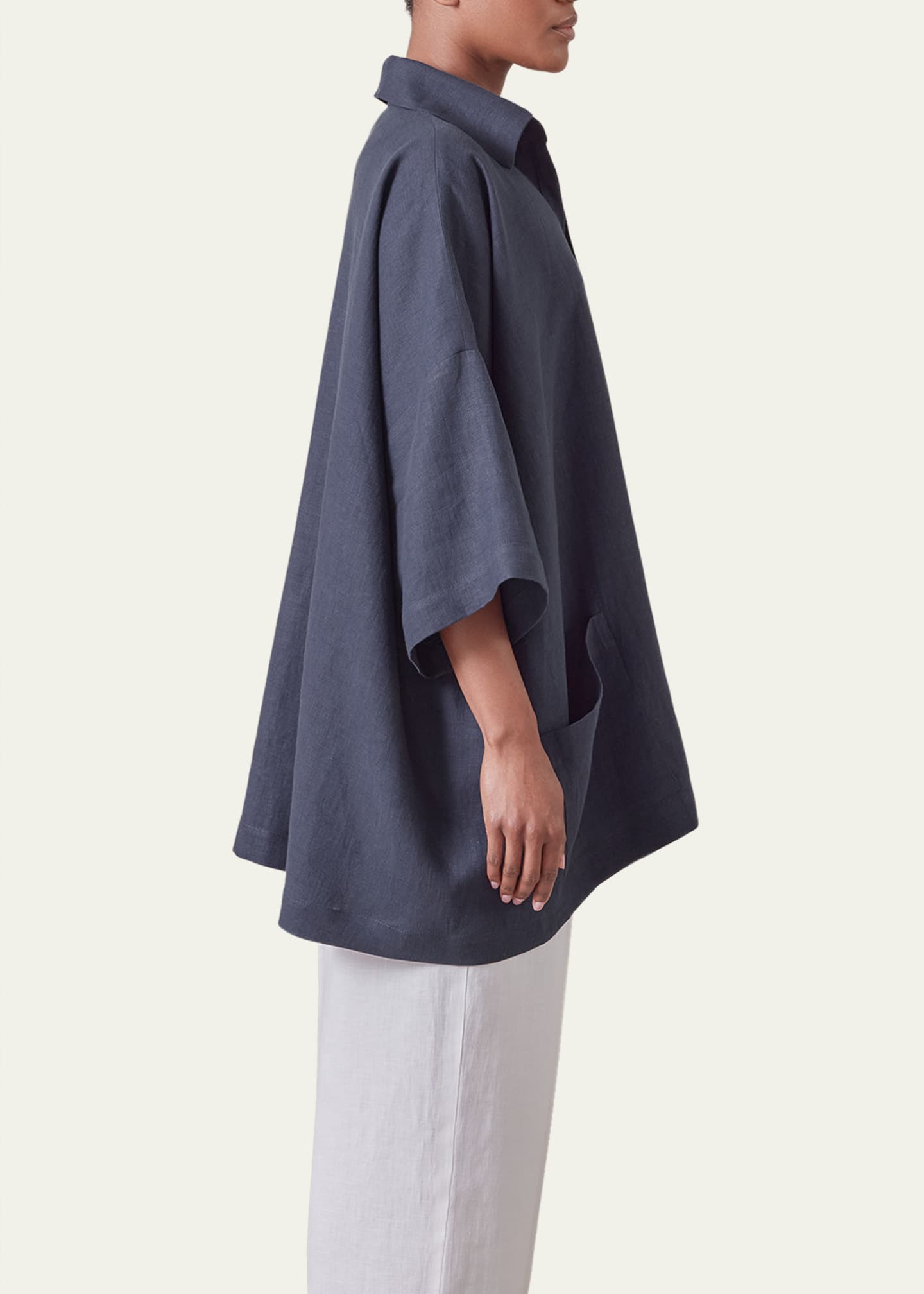 Eskandar Angle-To-Front Side Seam Short Sleeve Tunic with Collar (Long Length) Image 4 of 4