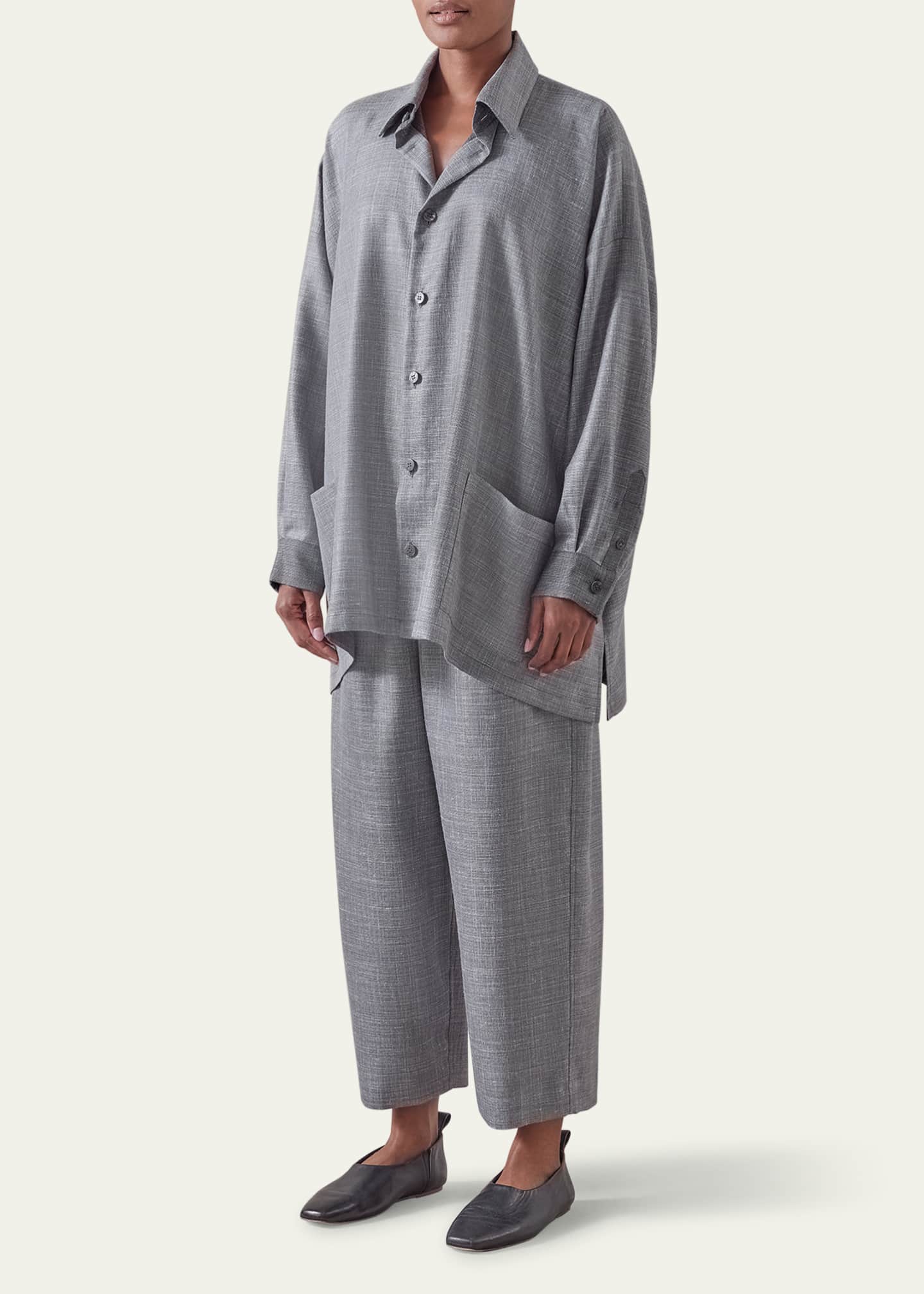 Eskandar Wide A-Line Shirt Jacket with Collar (Long Length) Image 2 of 5