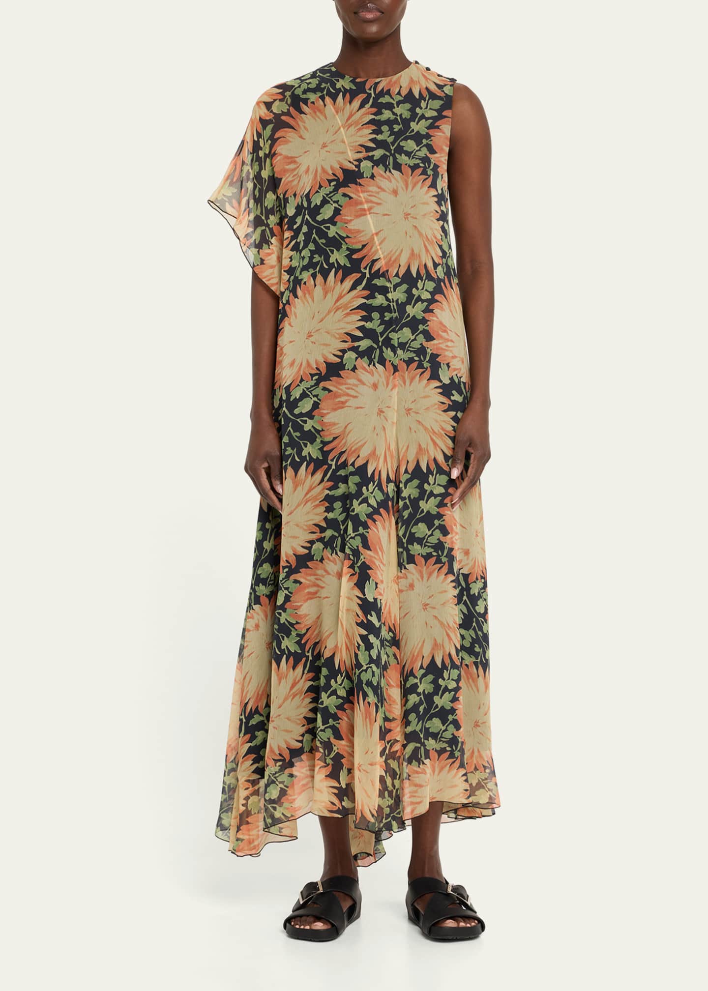 Loewe Long Floral Print One-Sleeve Chiffon Silk Dress Image 2 of 5