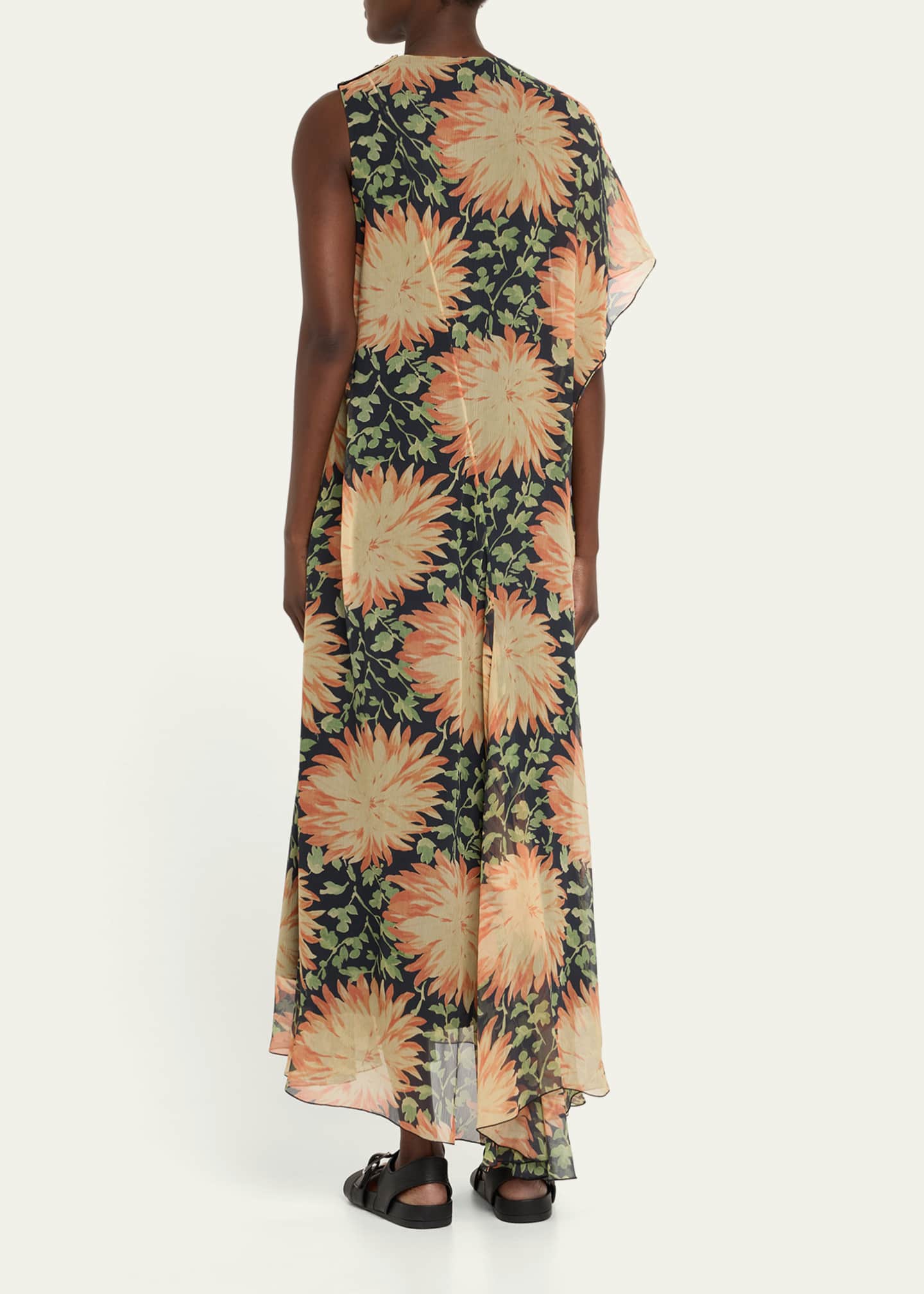 Loewe Long Floral Print One-Sleeve Chiffon Silk Dress Image 3 of 5