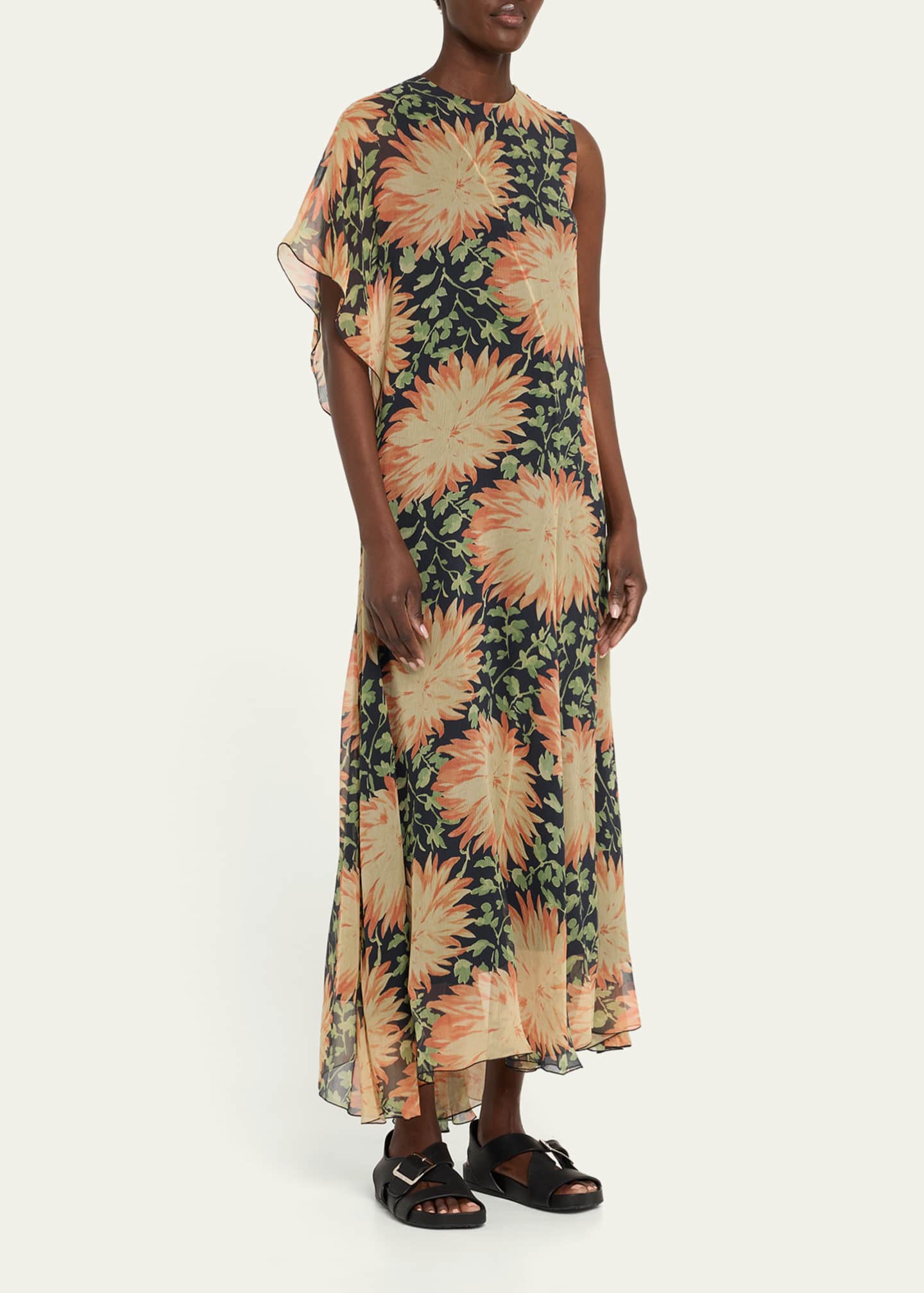 Loewe Long Floral Print One-Sleeve Chiffon Silk Dress Image 4 of 5