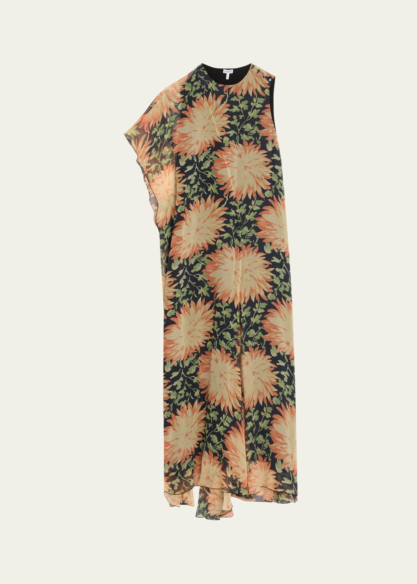 Loewe Long Floral Print One-Sleeve Chiffon Silk Dress Image 1 of 5