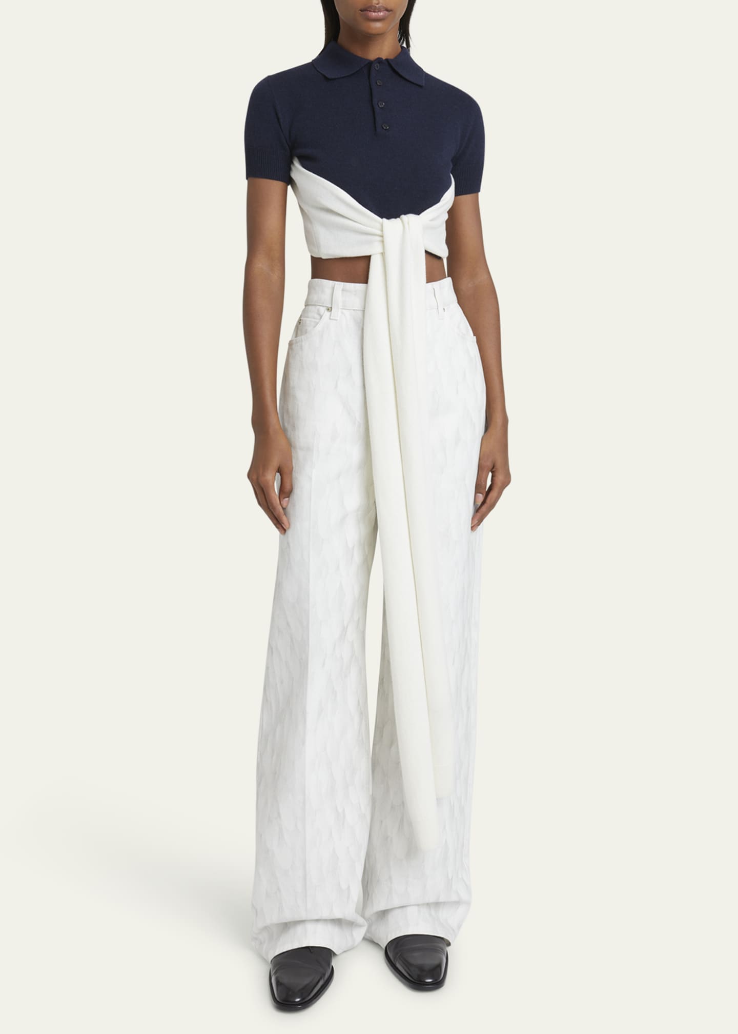 Loewe Colorblock Cropped Backless Wool Cashmere Polo Sweater with Self-Tie Image 2 of 5
