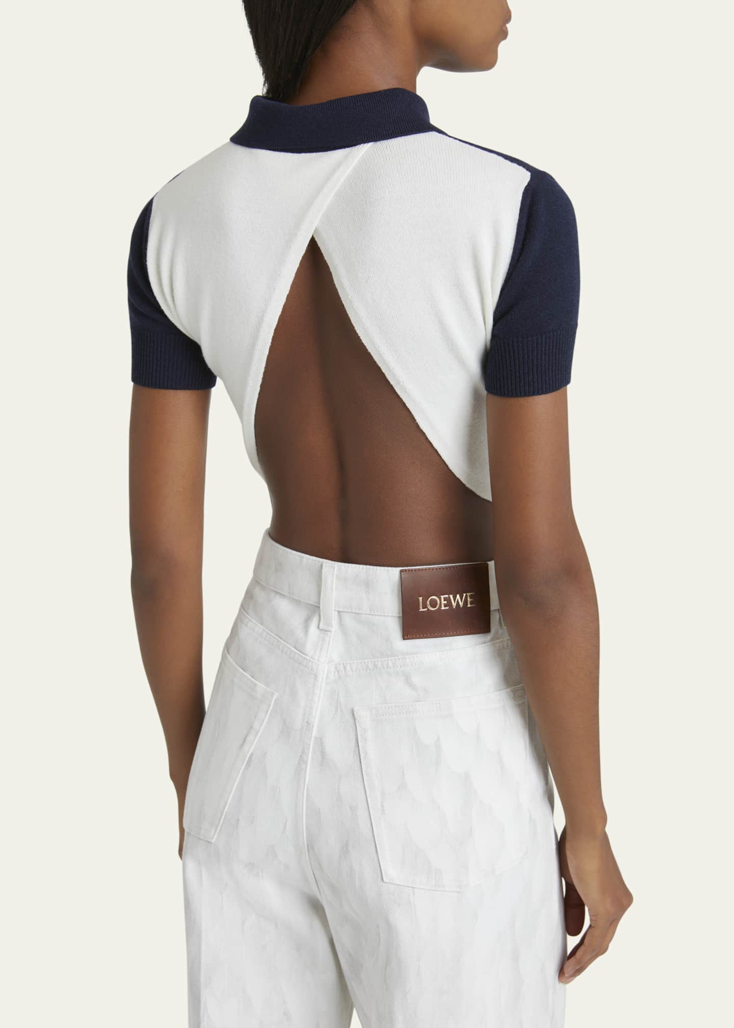 Loewe Colorblock Cropped Backless Wool Cashmere Polo Sweater with Self-Tie Image 3 of 5
