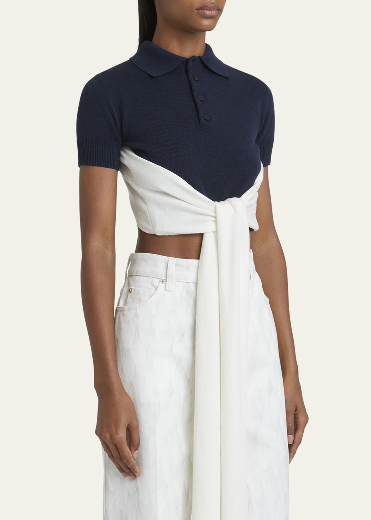 Loewe Colorblock Cropped Backless Wool Cashmere Polo Sweater with Self-Tie Image 4 of 5