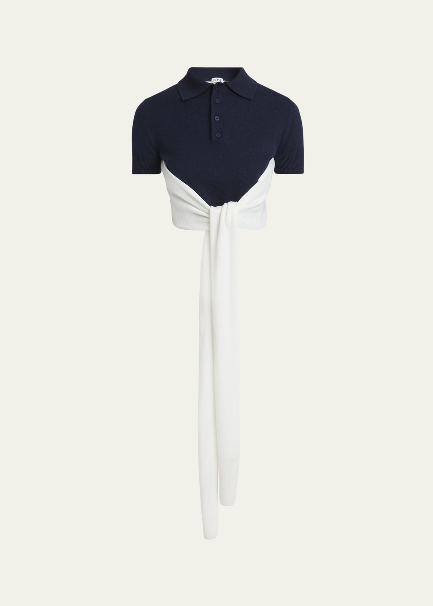 Loewe Colorblock Cropped Backless Wool Cashmere Polo Sweater with Self-Tie Image 1 of 5