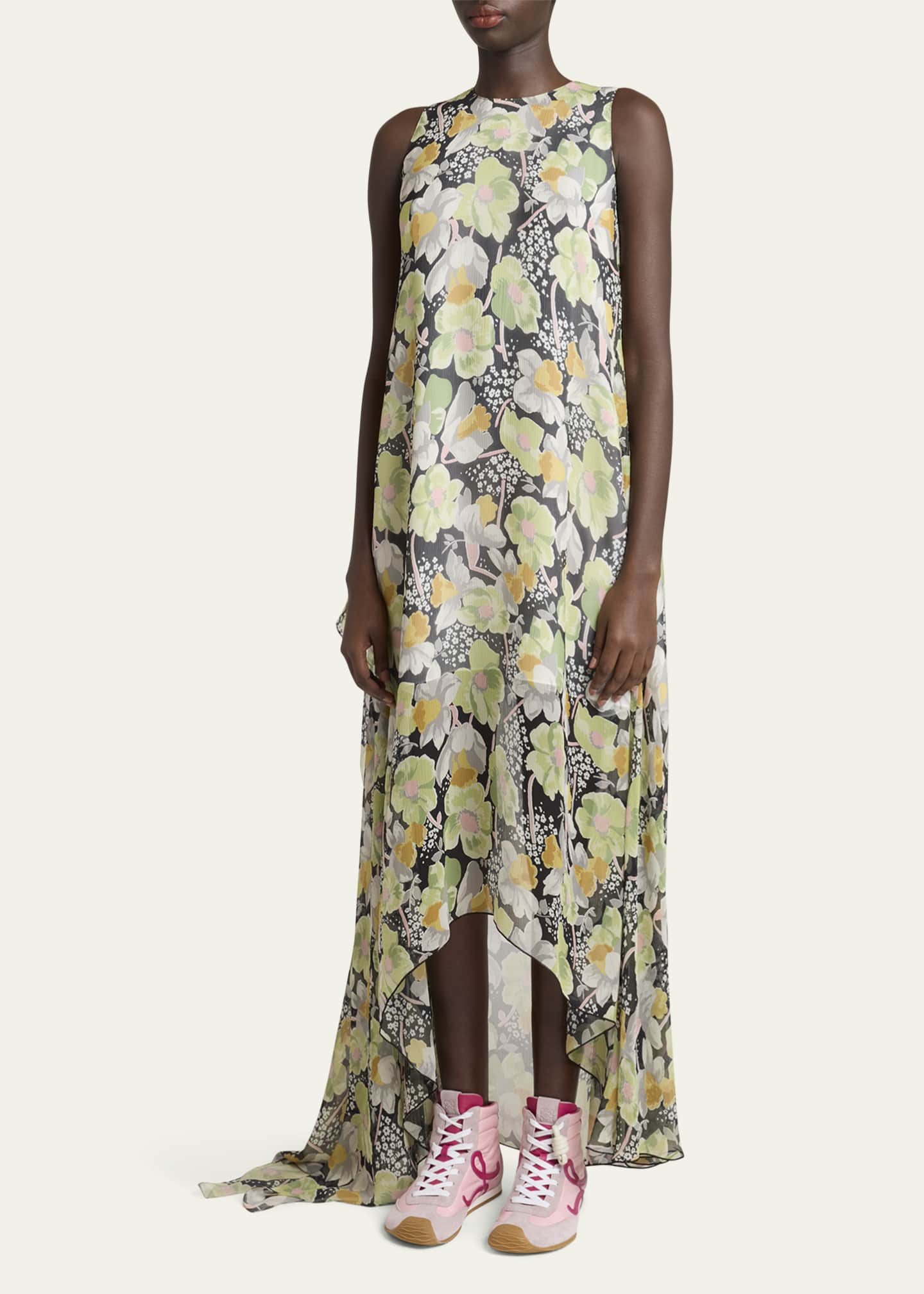 Loewe Floral Print Hoop Skirt Maxi Chiffon Silk Dress Image 4 of 5