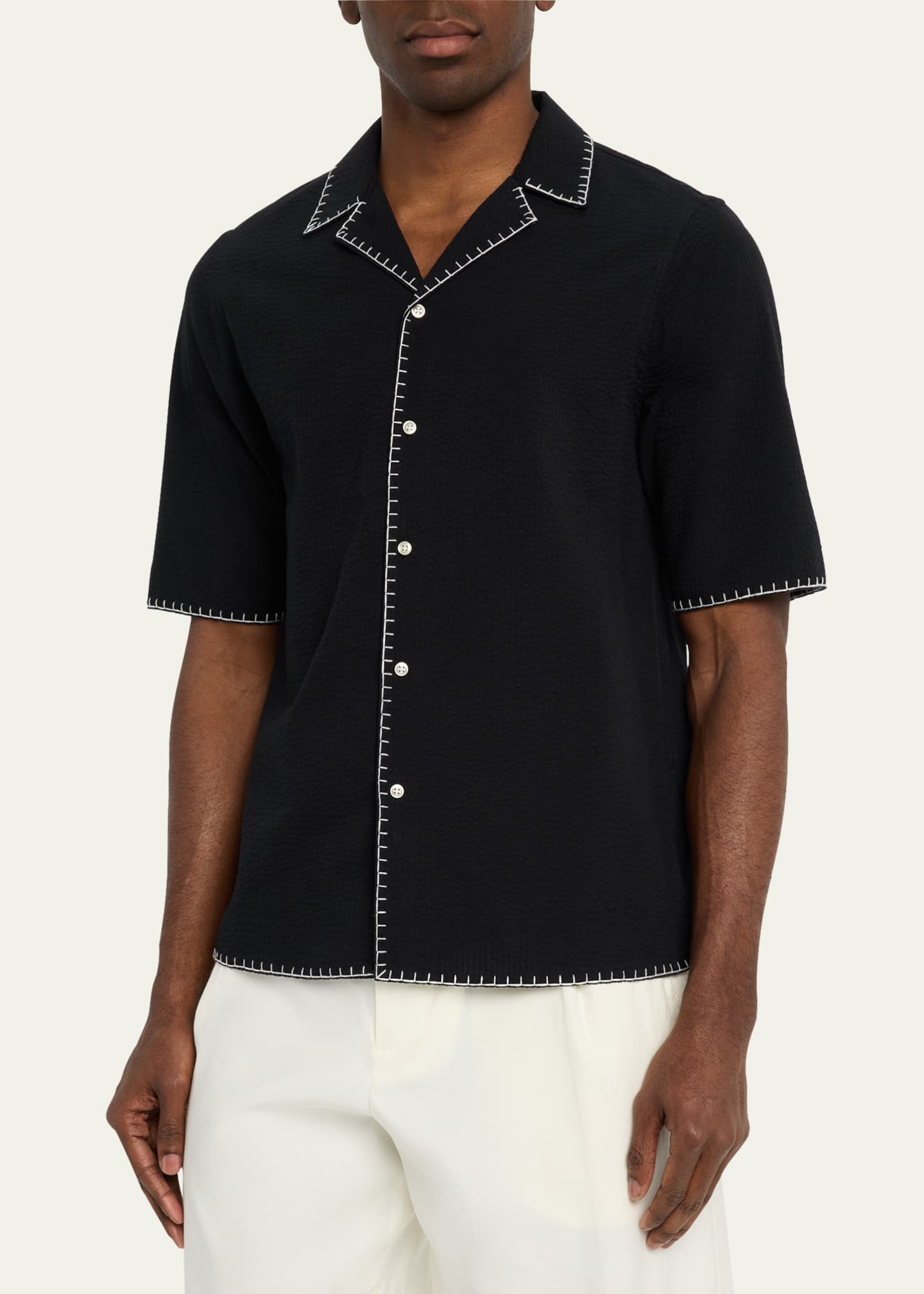 Officine Generale Men's Eren Seersucker Whipstitch Camp Shirt Image 4 of 5