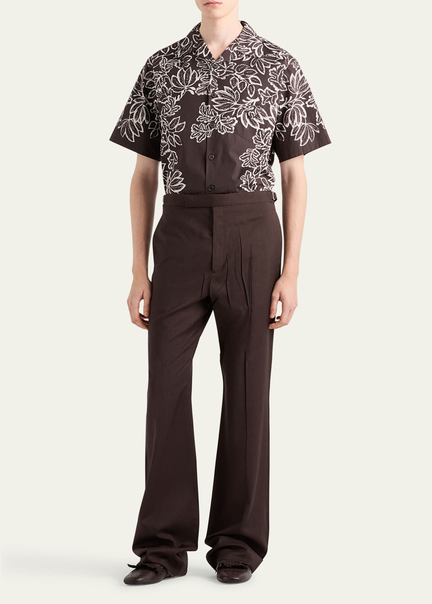Prada Men's Leaf-Print Bowling Shirt Image 2 of 3