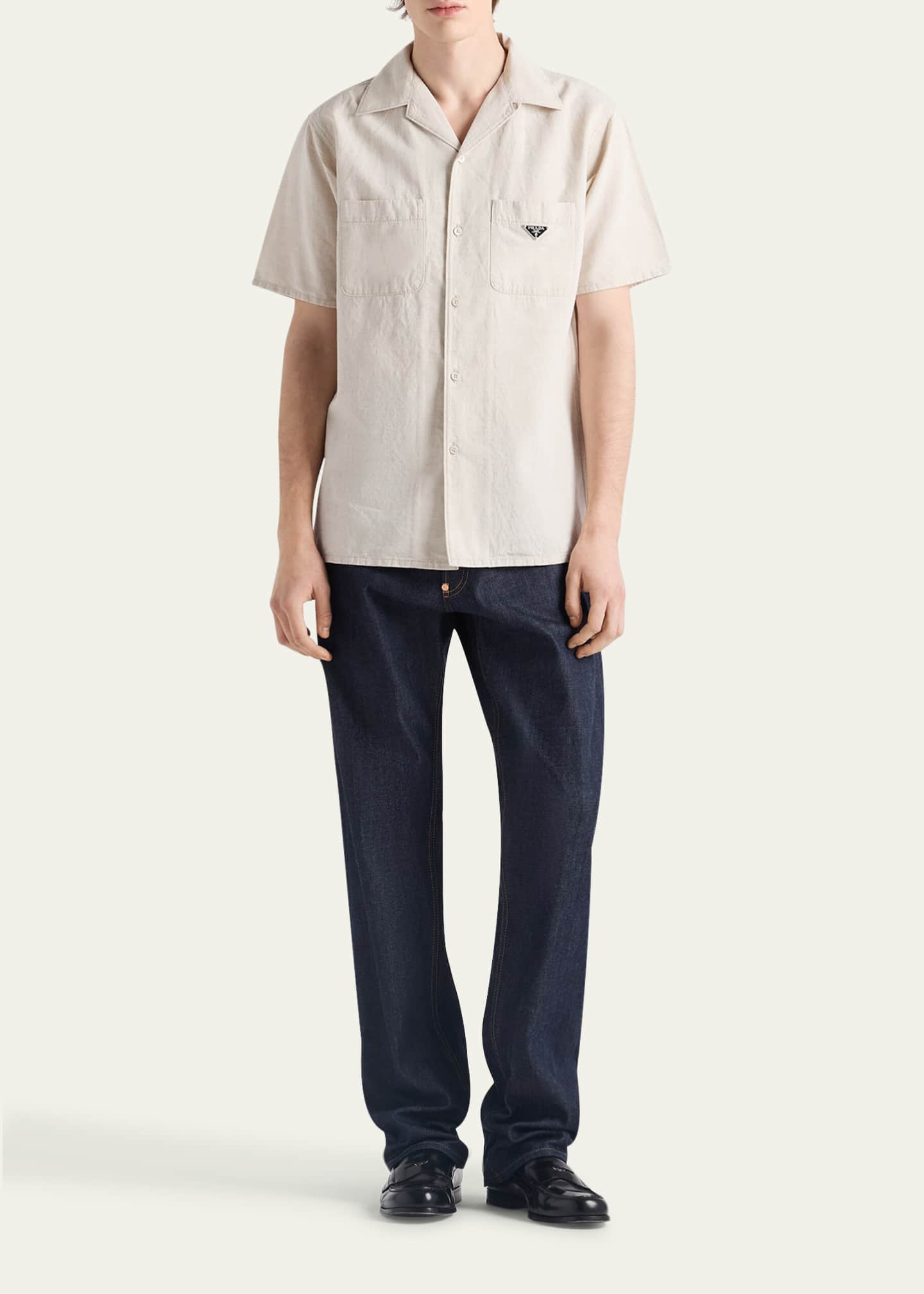 Prada Men's Chambray Denim Camp Shirt - Bergdorf Goodman Prada Men's Chambray Denim Camp Shirt - Bergdorf Goodman