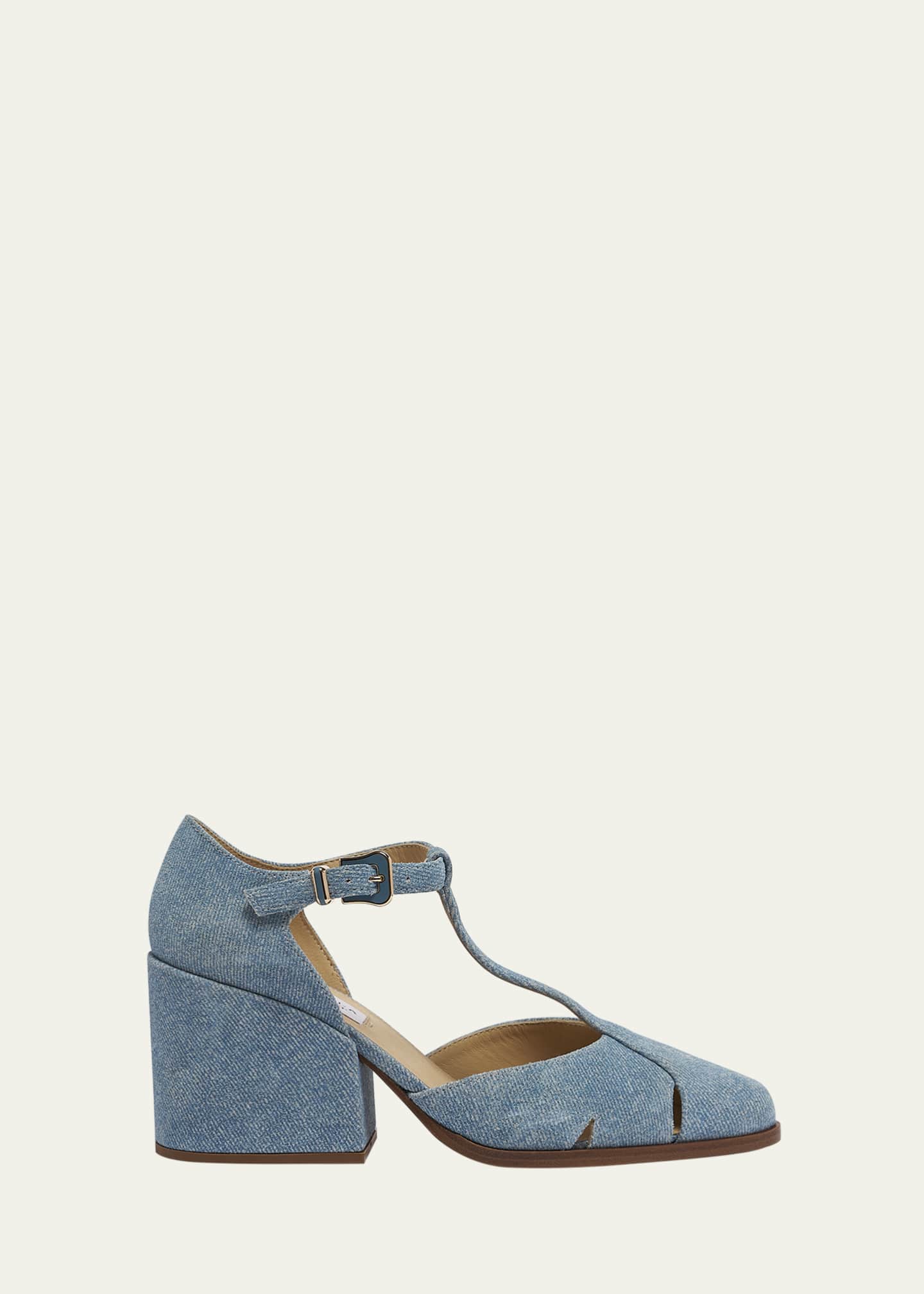 Gabriela Hearst Evita Denim T-Strap Pumps Image 1 of 4