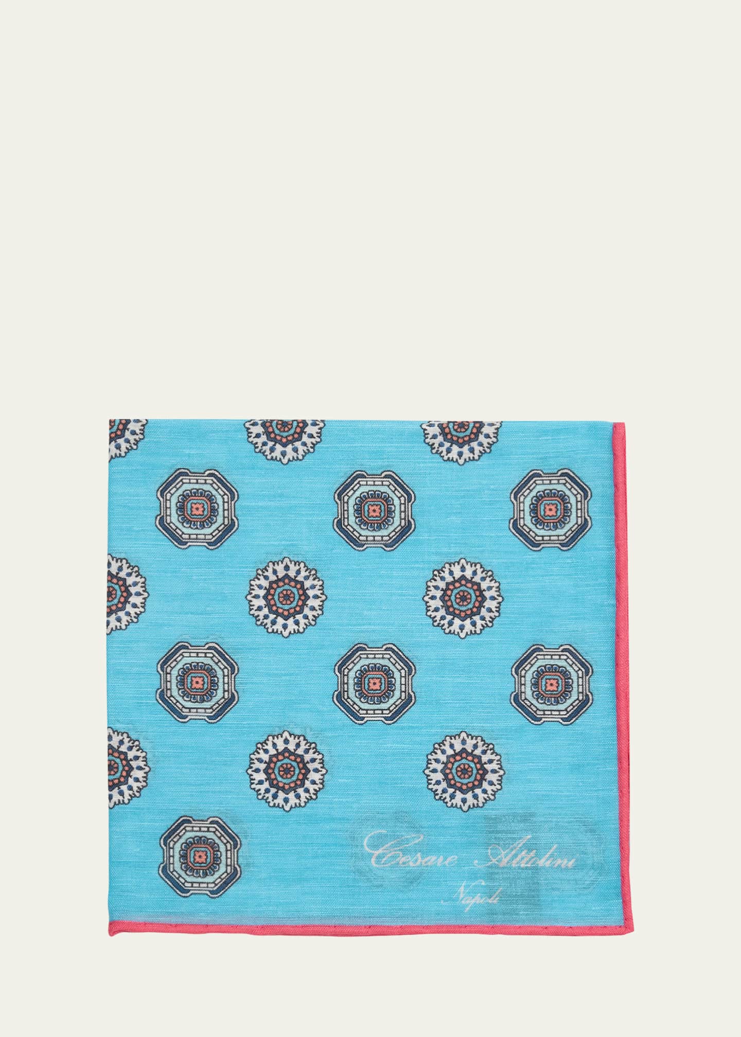 Cesare Attolini Men's Linen and Cotton Medallion Pocket Square