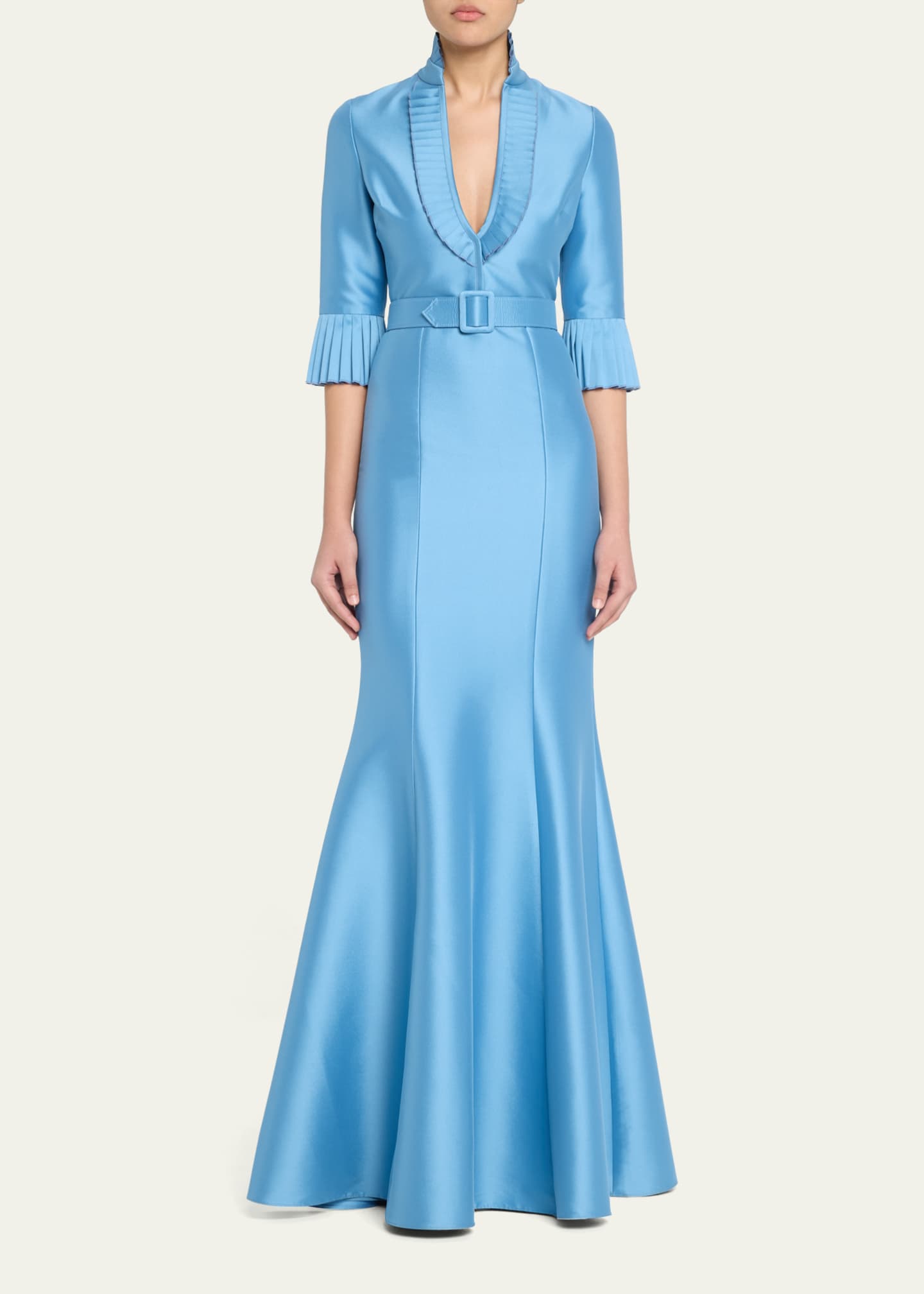 Badgley Mischka Pleated-Trim Trumpet Mikado Gown Image 2 of 5