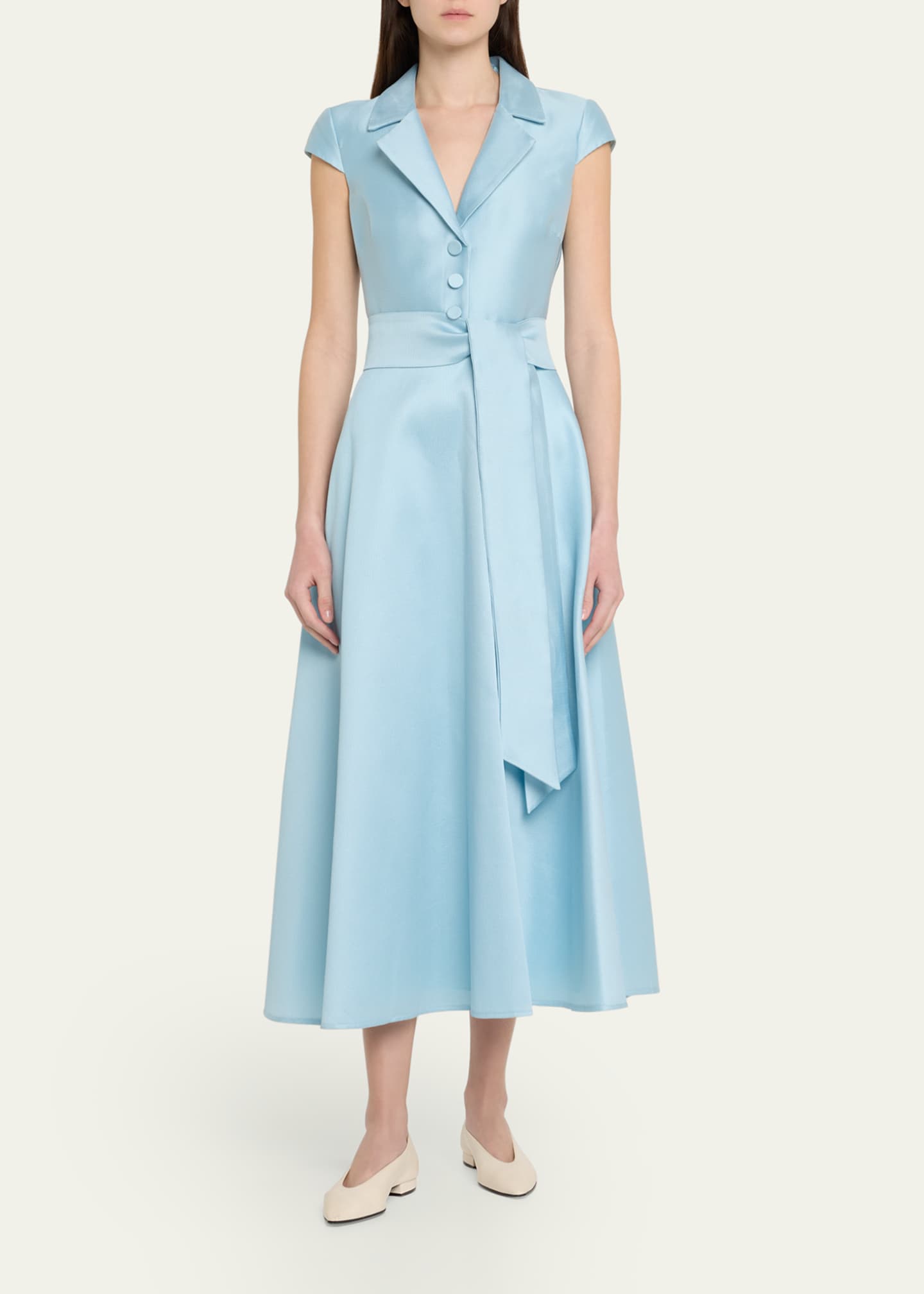 Badgley Mischka Belted Cap-Sleeve Pique Midi Shirtdress Image 2 of 5