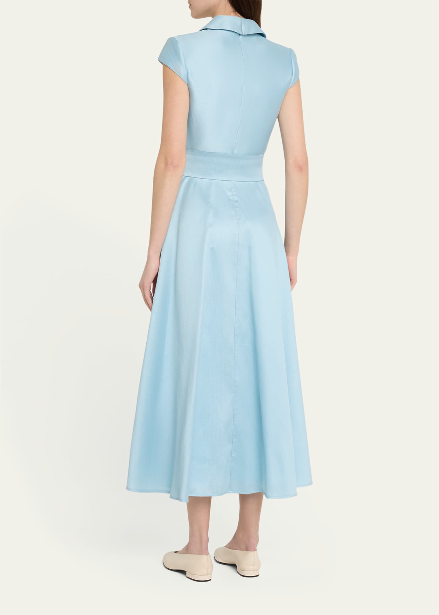 Badgley Mischka Belted Cap-Sleeve Pique Midi Shirtdress Image 3 of 5