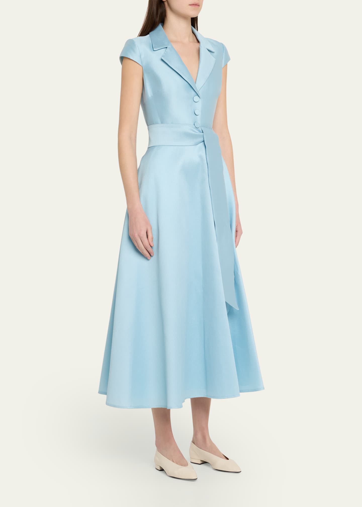 Badgley Mischka Belted Cap-Sleeve Pique Midi Shirtdress Image 4 of 5