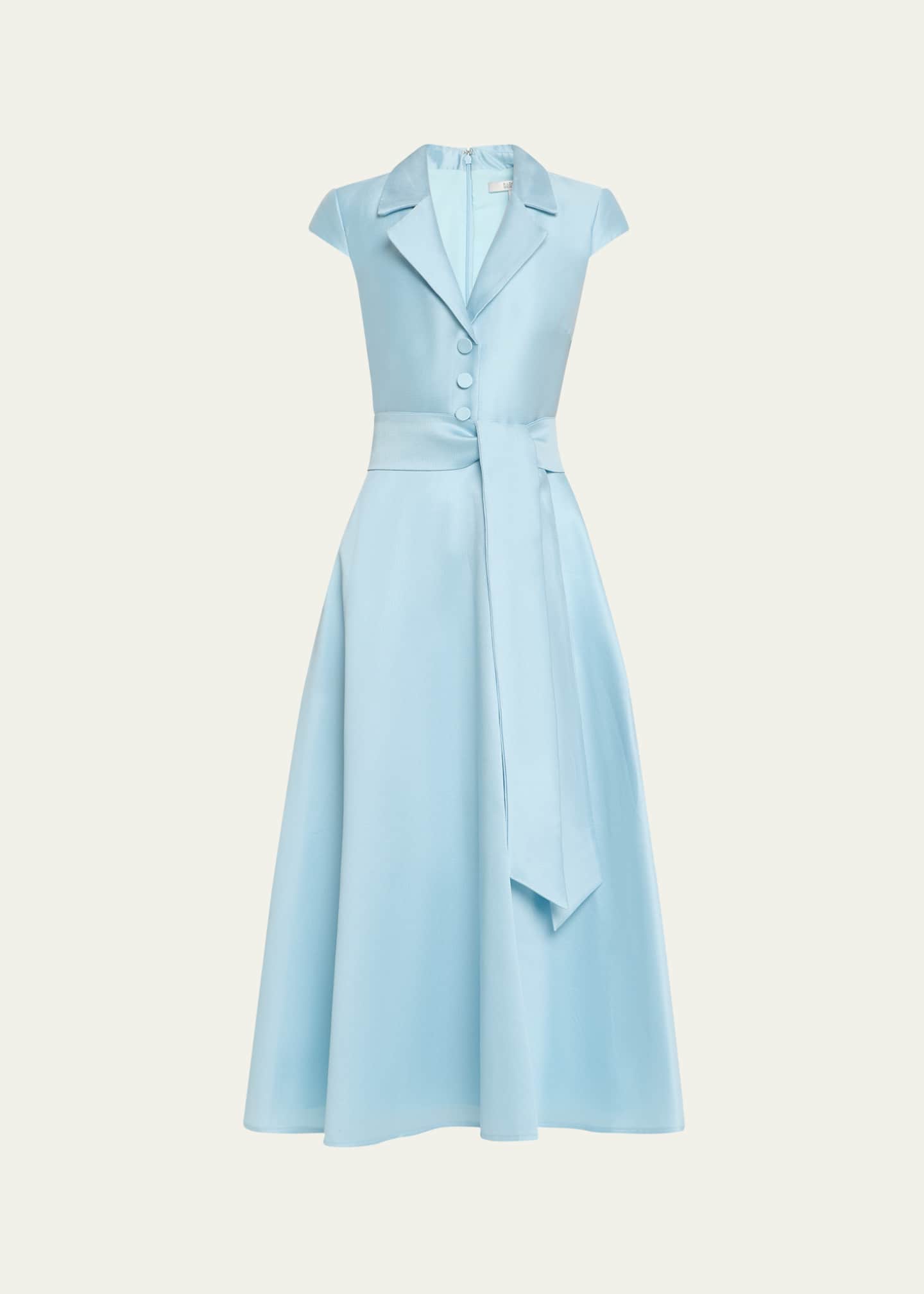 Badgley Mischka Belted Cap-Sleeve Pique Midi Shirtdress Image 1 of 5