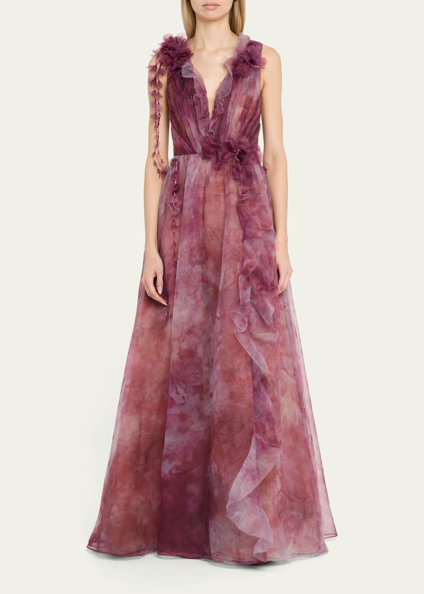 Marchesa Notte Pleated Deep V-Neck Ruffle Organza Gown Image 2 of 5