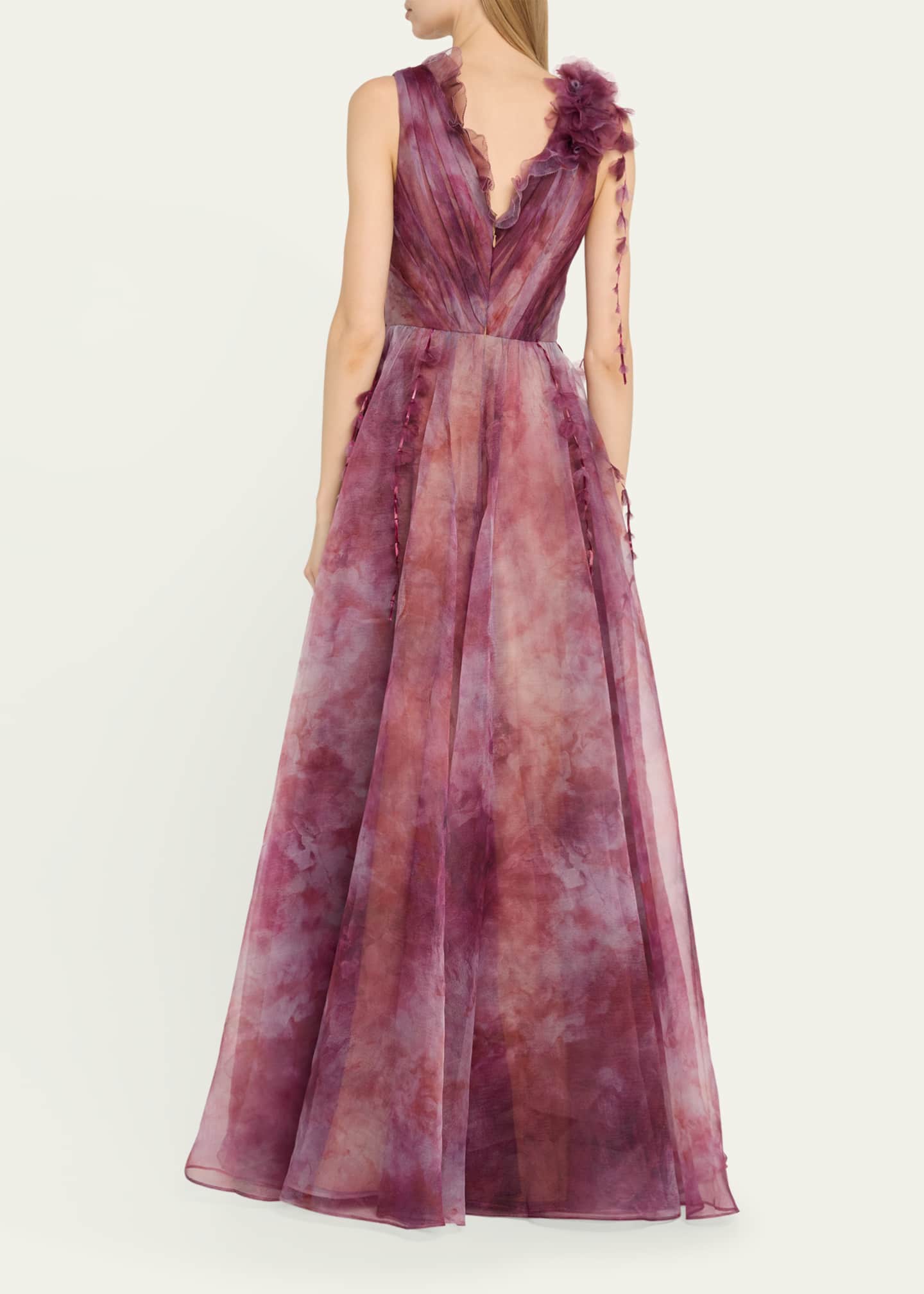 Marchesa Notte Pleated Deep V-Neck Ruffle Organza Gown Image 3 of 5