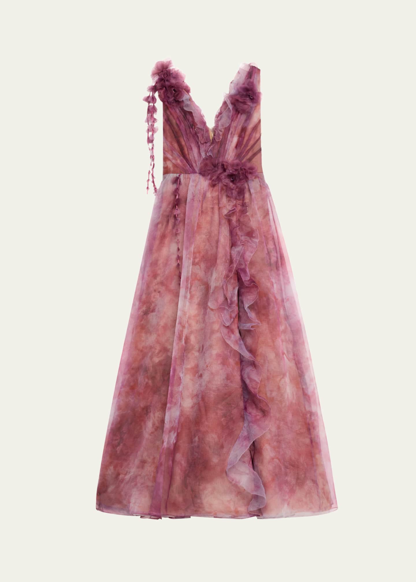 Marchesa Notte Pleated Deep V-Neck Ruffle Organza Gown Image 1 of 5