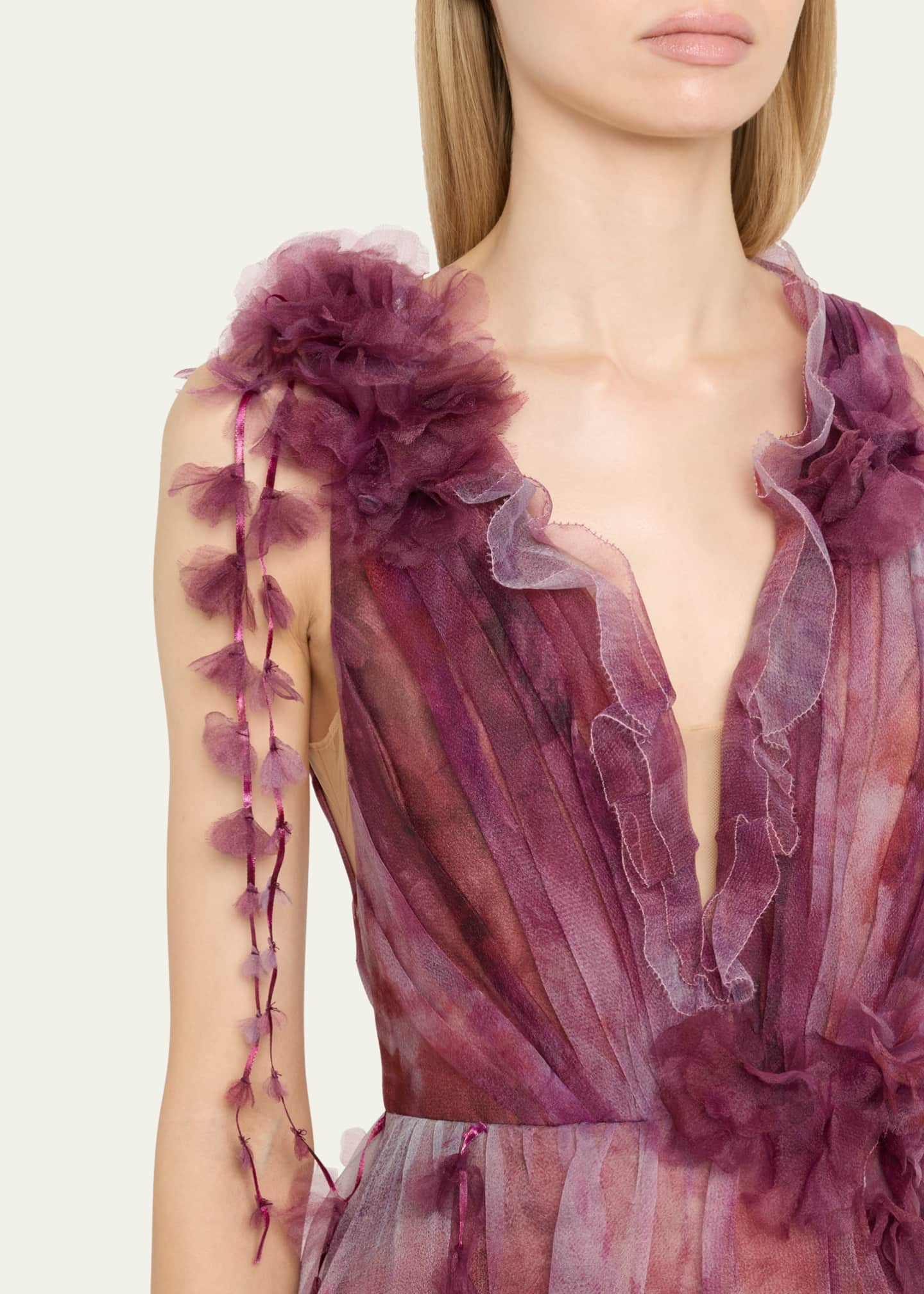 Marchesa Notte Pleated Deep V-Neck Ruffle Organza Gown Image 5 of 5