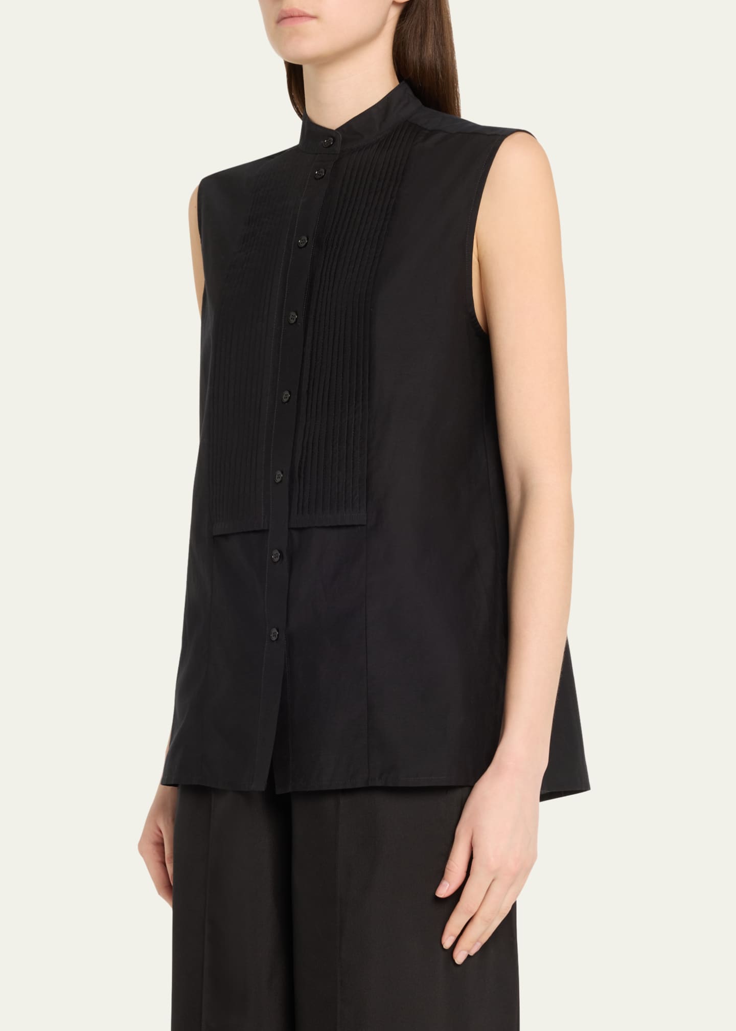 Claudine Sleeveless Silk-Cotton Tuxedo Shirt - Thumbnail 4