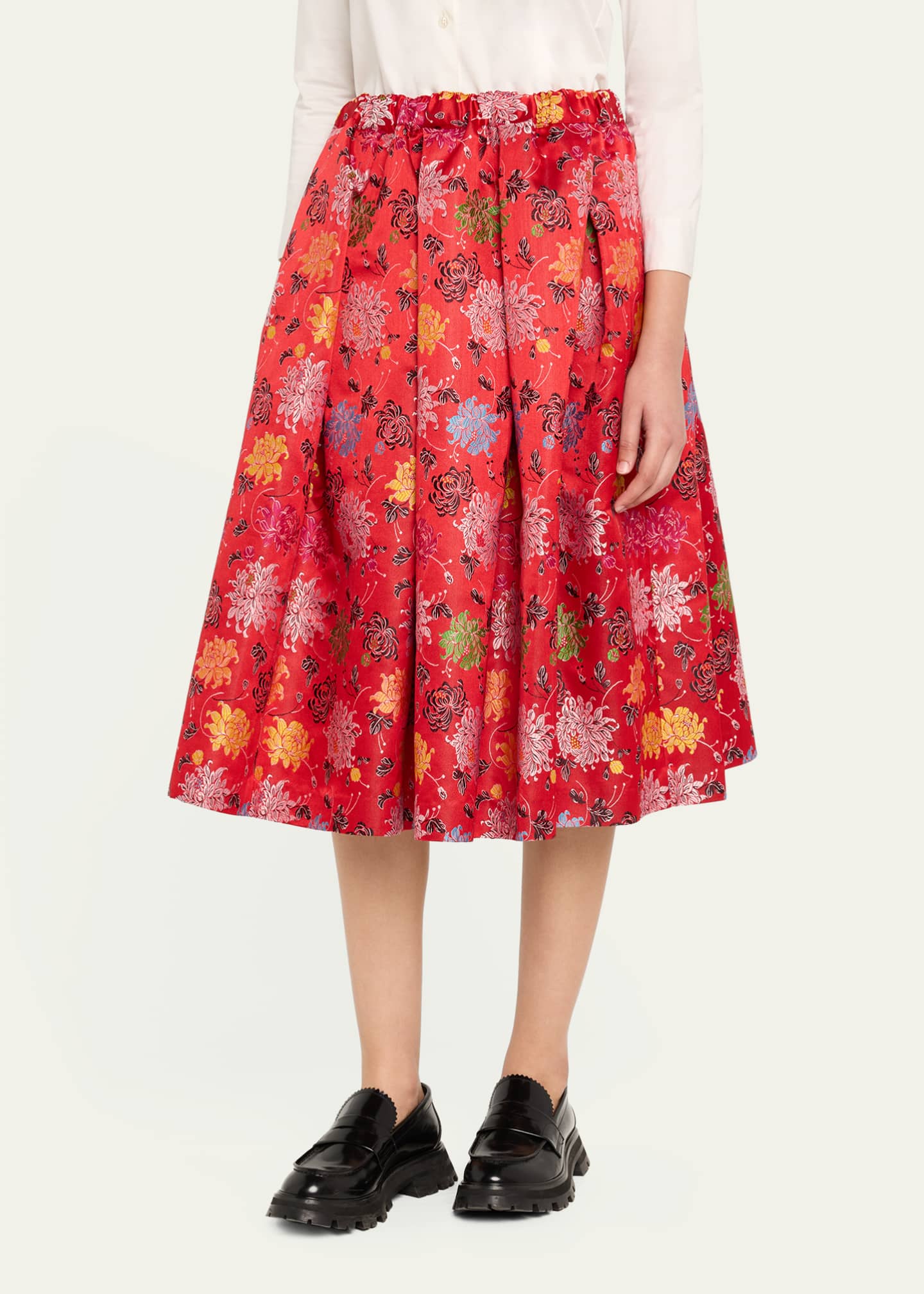 Comme des Garcons Red Flower Jacquard Pleated Midi Skirt Image 4 of 5