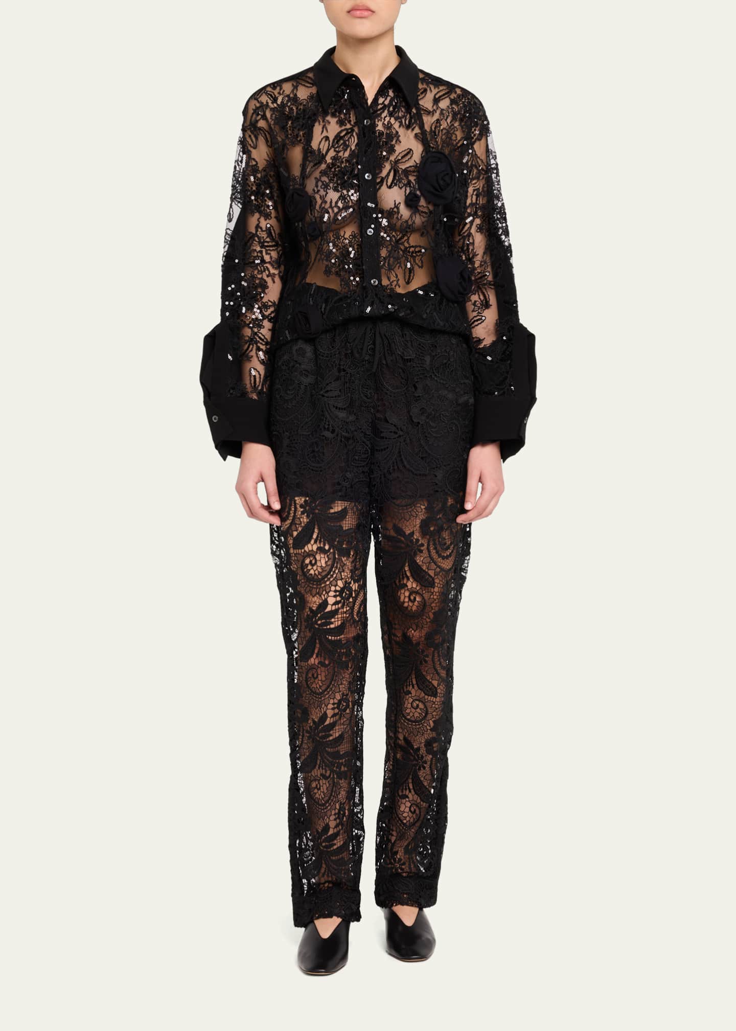 3.1 Phillip Lim Rosette Sequined Lace Sheer Button-Down Shirt Image 2 of 5