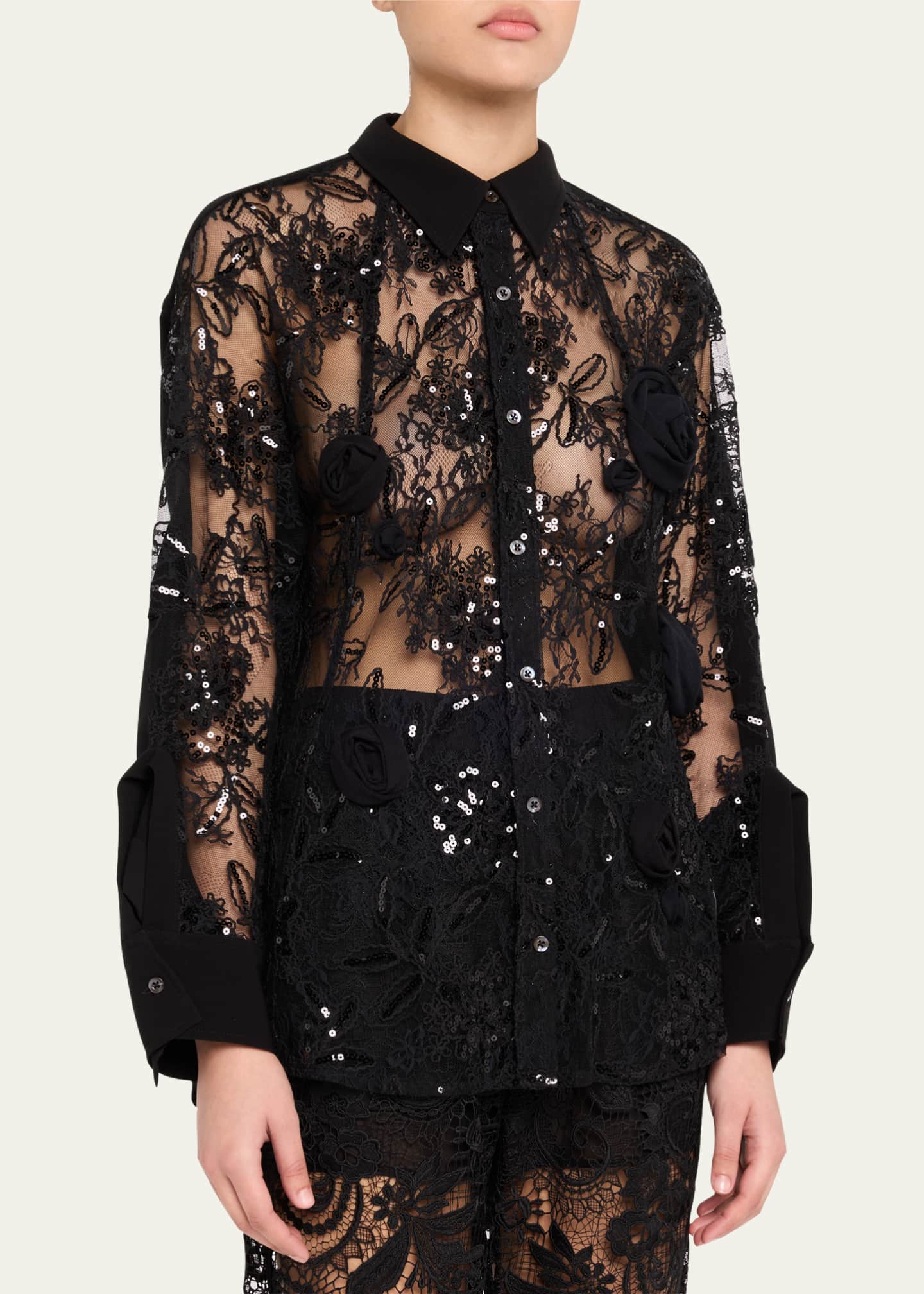 3.1 Phillip Lim Rosette Sequined Lace Sheer Button-Down Shirt Image 4 of 5