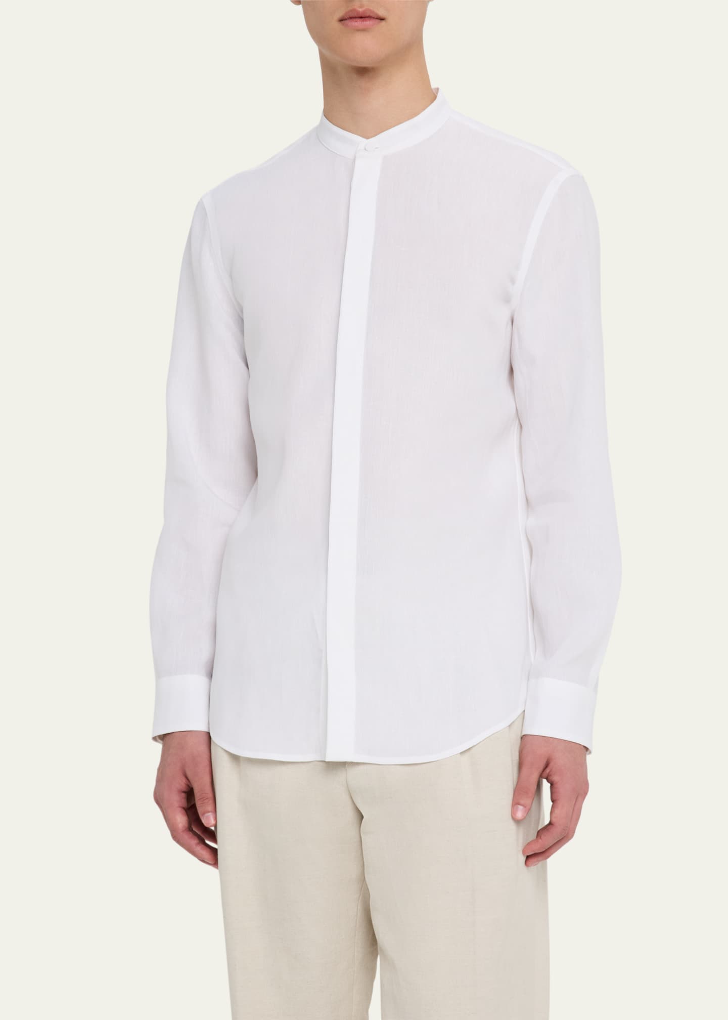 Gabriela Hearst Men's Ollie Linen Mandarin-Collar Shirt Image 4 of 5
