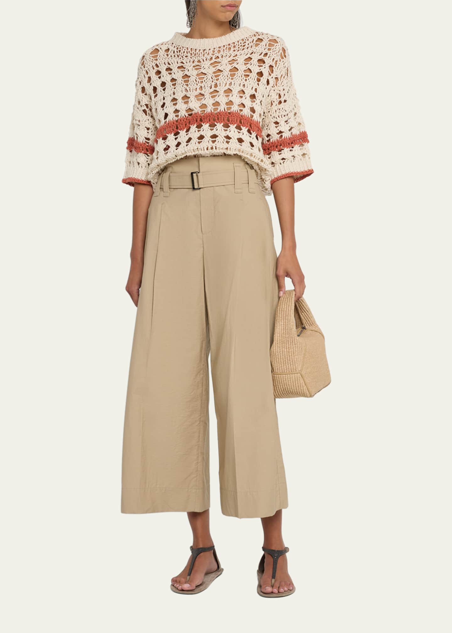 Brunello Cucinelli Stripe Cotton-Jute Open Knit Short-Sleeve