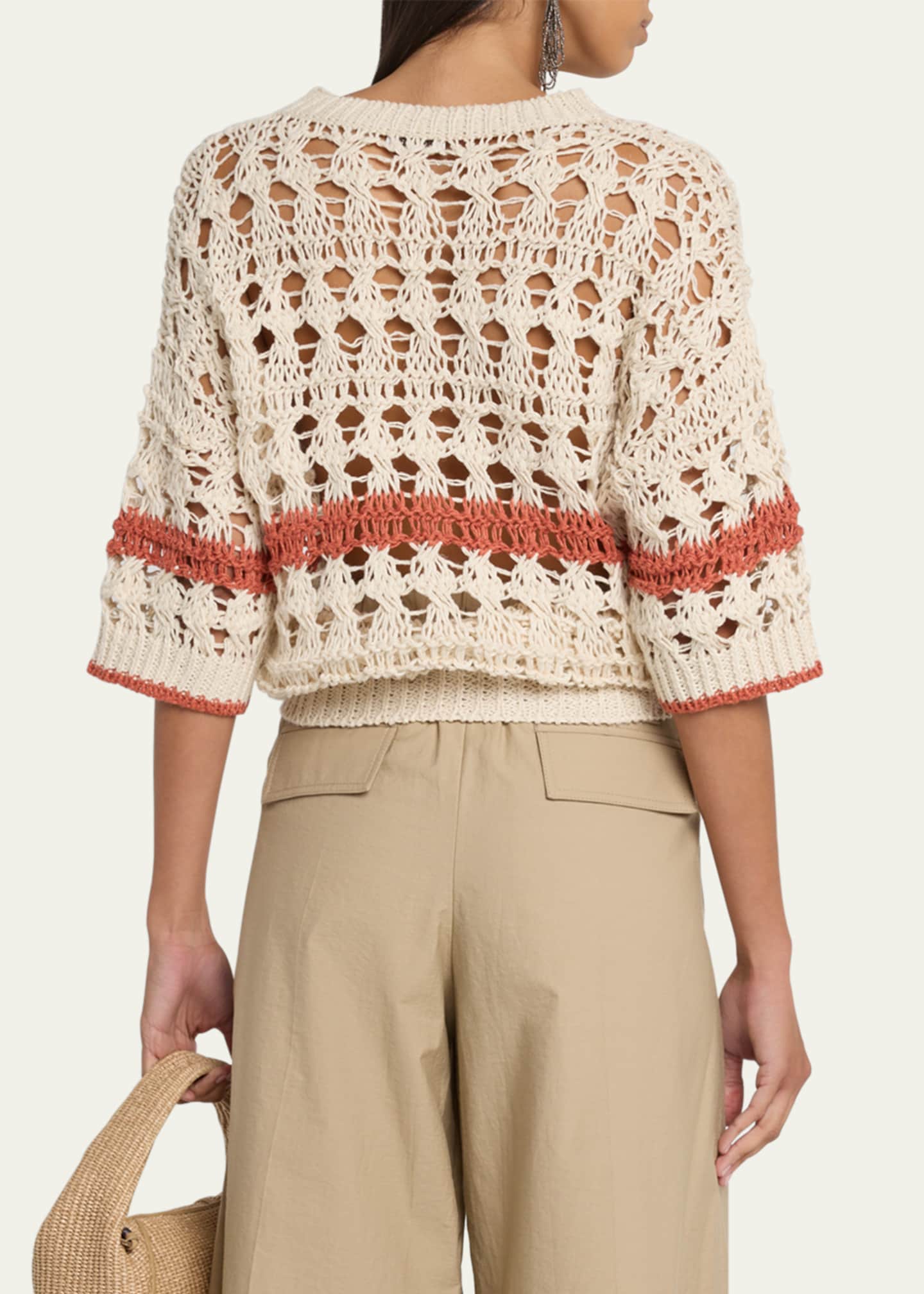 Brunello Cucinelli Stripe Cotton-Jute Open Knit Short-Sleeve