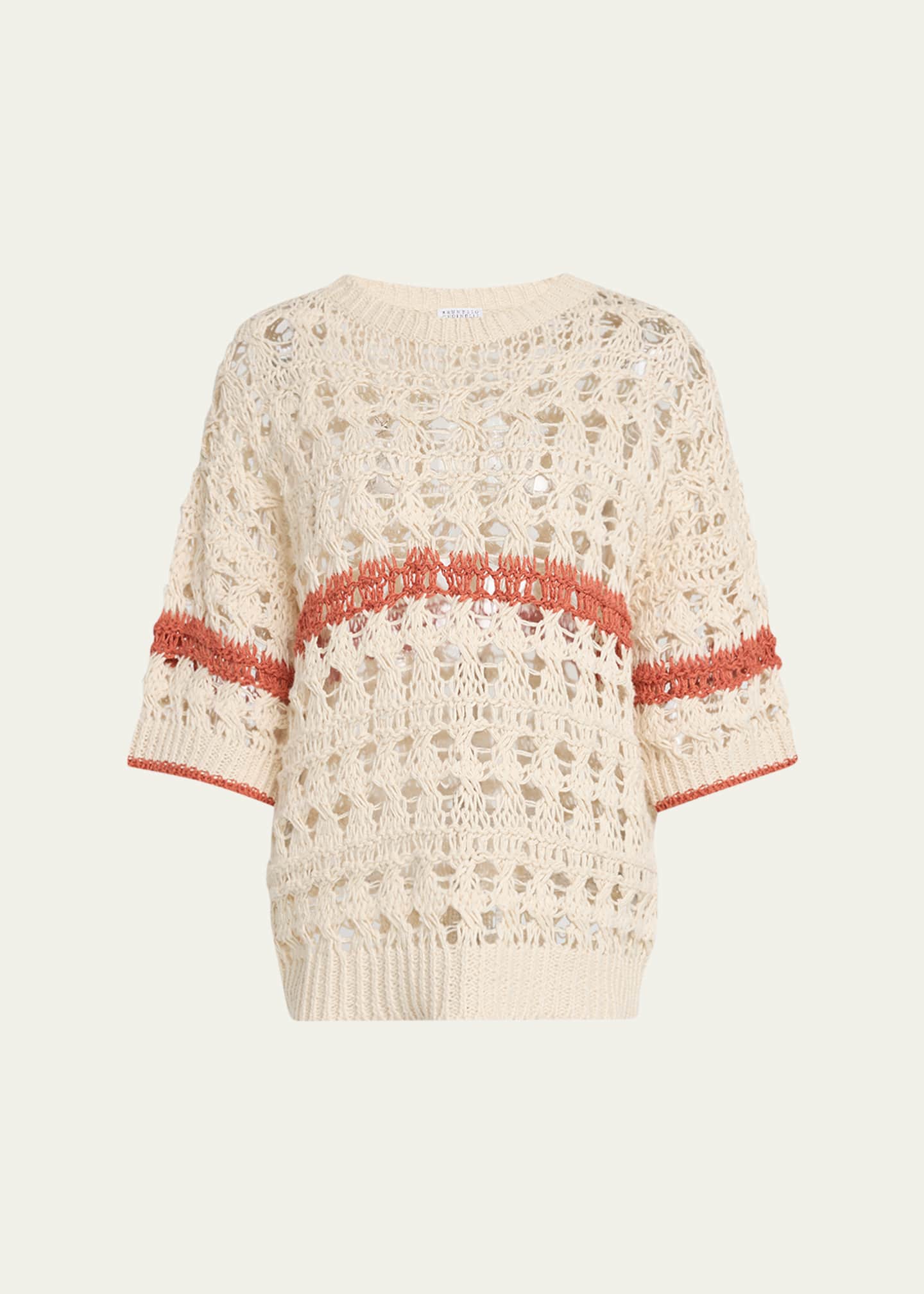 Brunello Cucinelli Stripe Cotton-Jute Open Knit Short-Sleeve