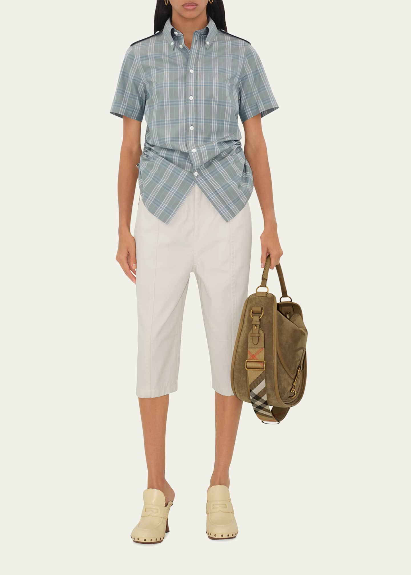 Burberry Check Drawstring Button Down Cotton Shirt Image 2 of 4