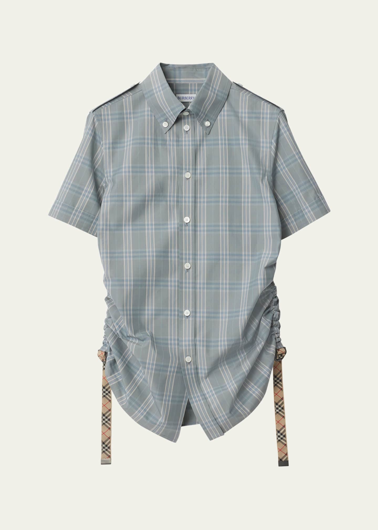 Burberry Check Drawstring Button Down Cotton Shirt Image 1 of 4