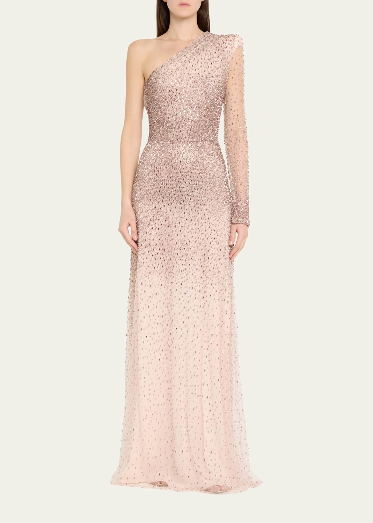 Naeem Khan Ombre Crystal Beaded One-Shoulder Gown Image 2 of 5