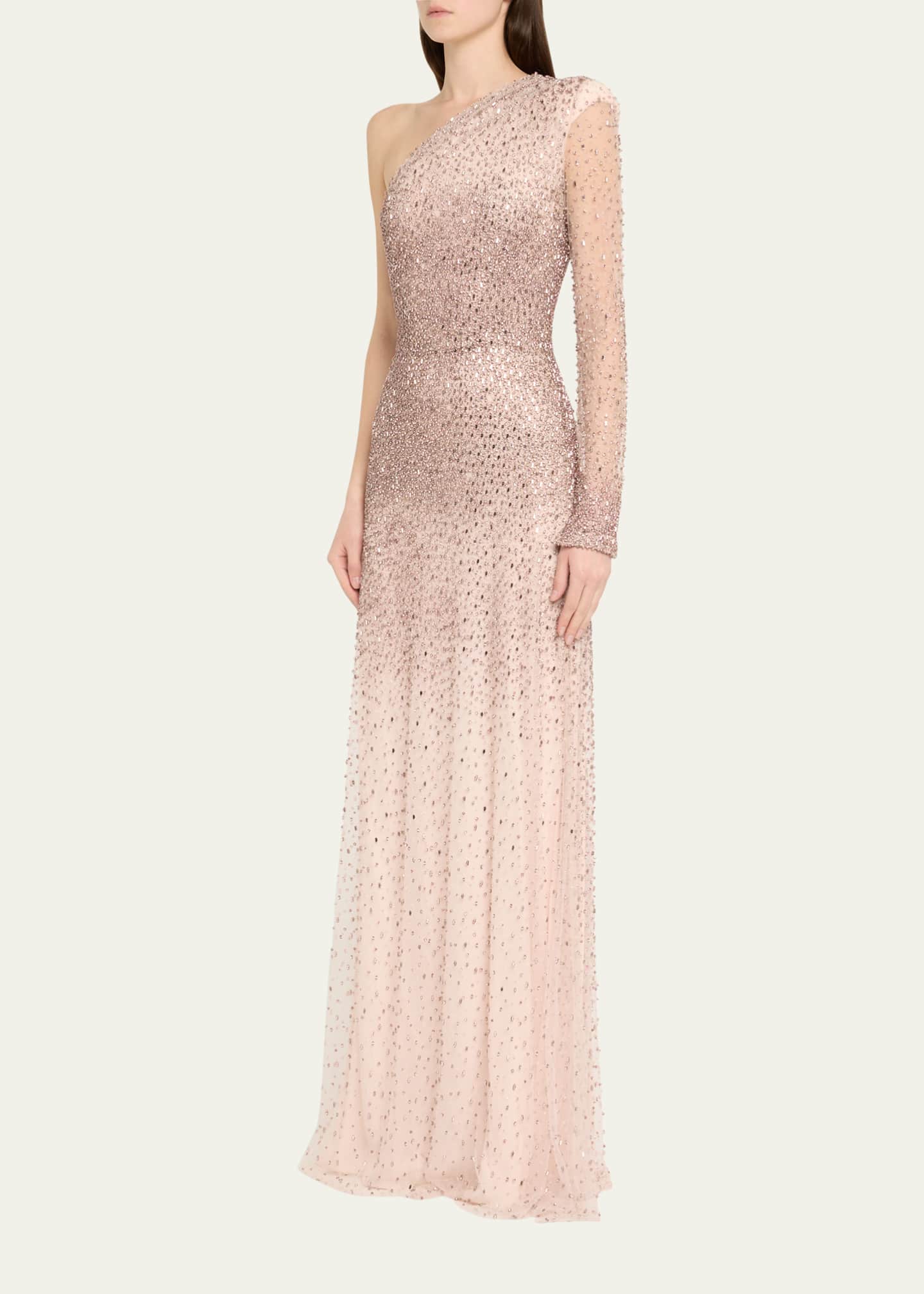 Naeem Khan Ombre Crystal Beaded One-Shoulder Gown Image 4 of 5