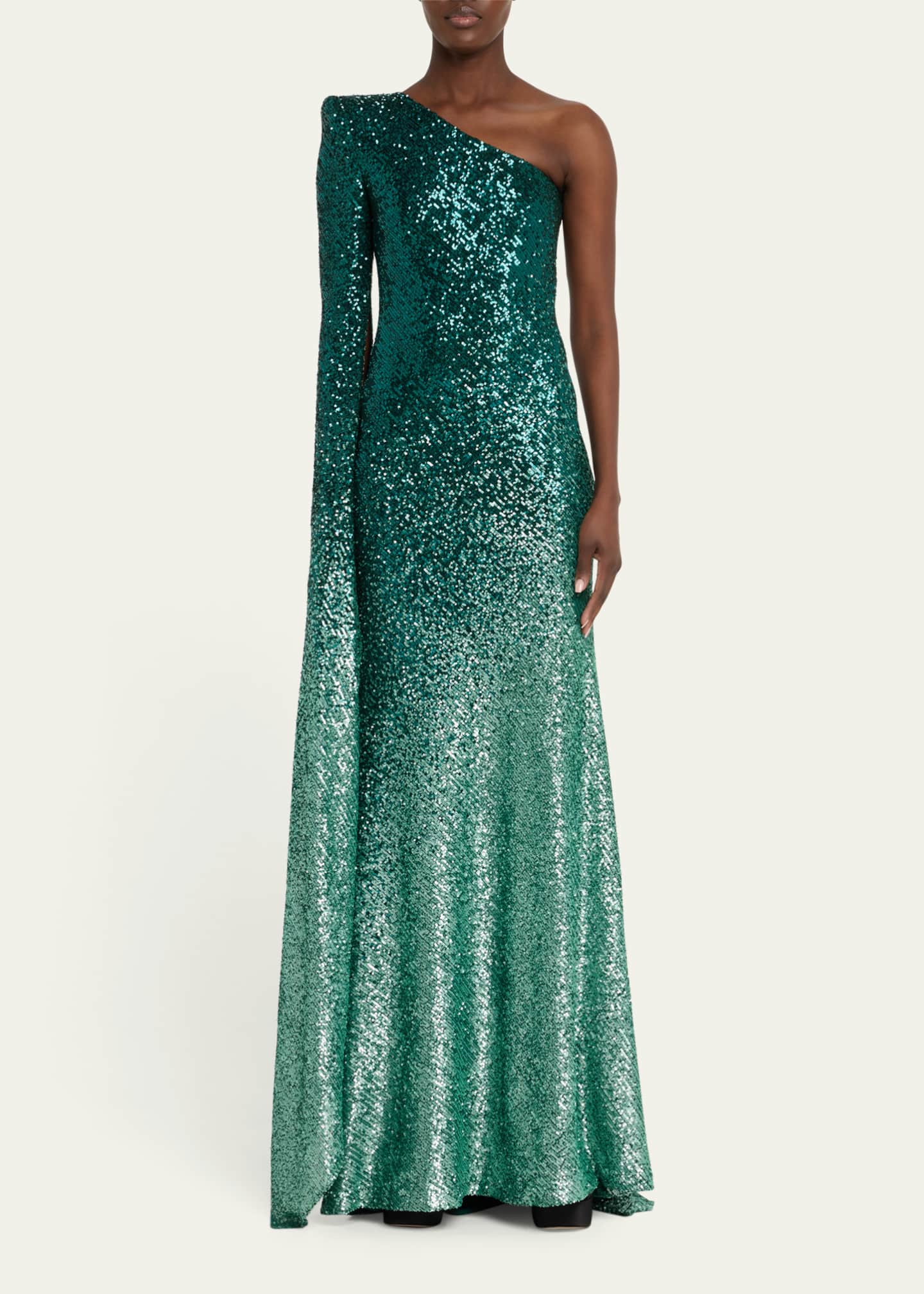 Naeem Khan Ombre Sequined One-Shoulder Cascading Sleeve Gown Image 2 of 5