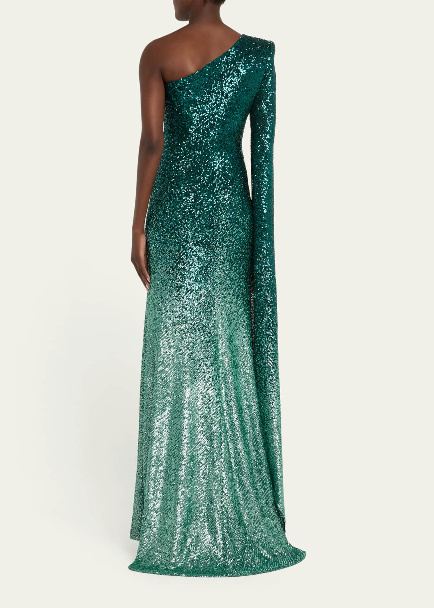 Naeem Khan Ombre Sequined One-Shoulder Cascading Sleeve Gown Image 3 of 5