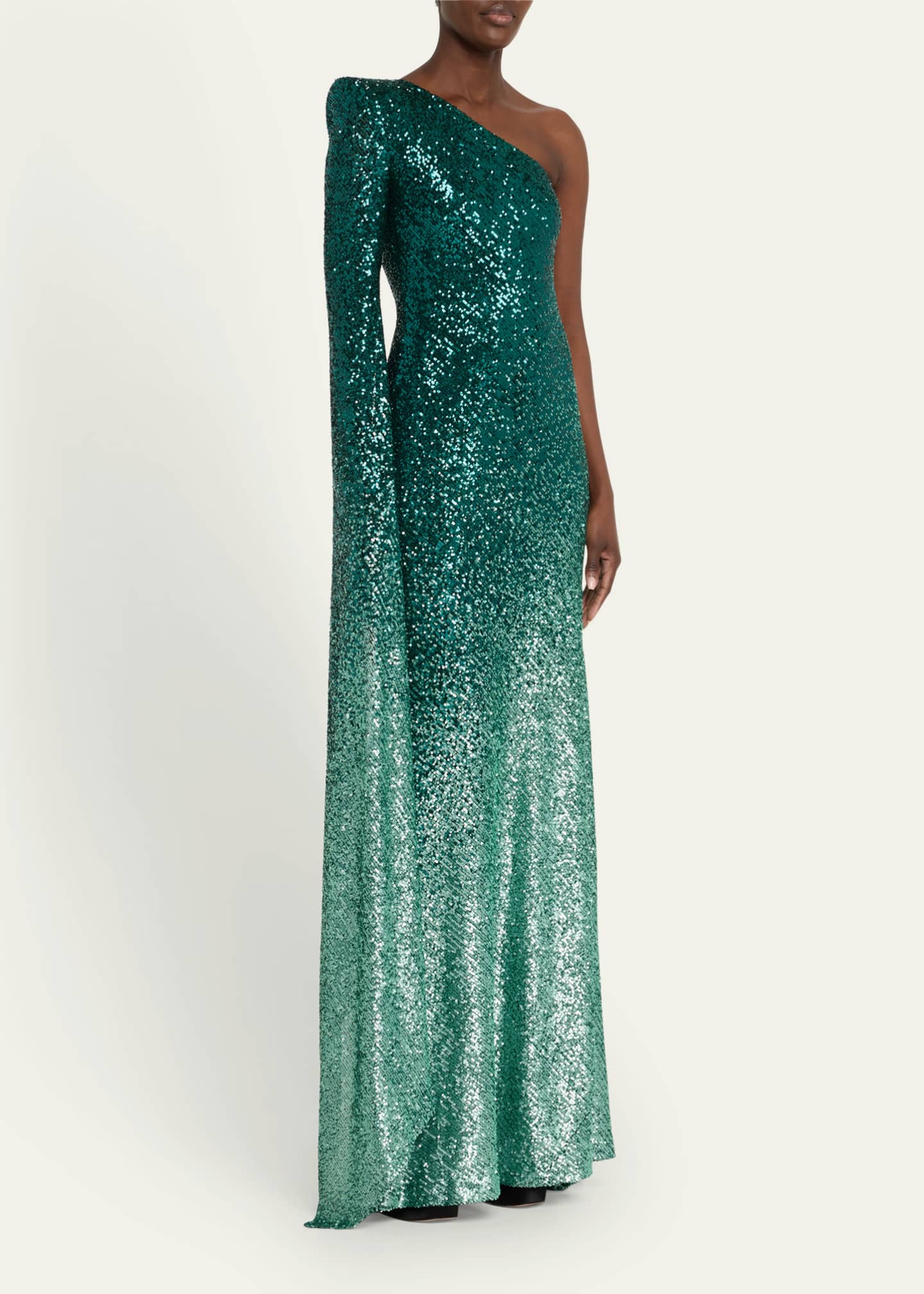 Naeem Khan Ombre Sequined One-Shoulder Cascading Sleeve Gown Image 4 of 5