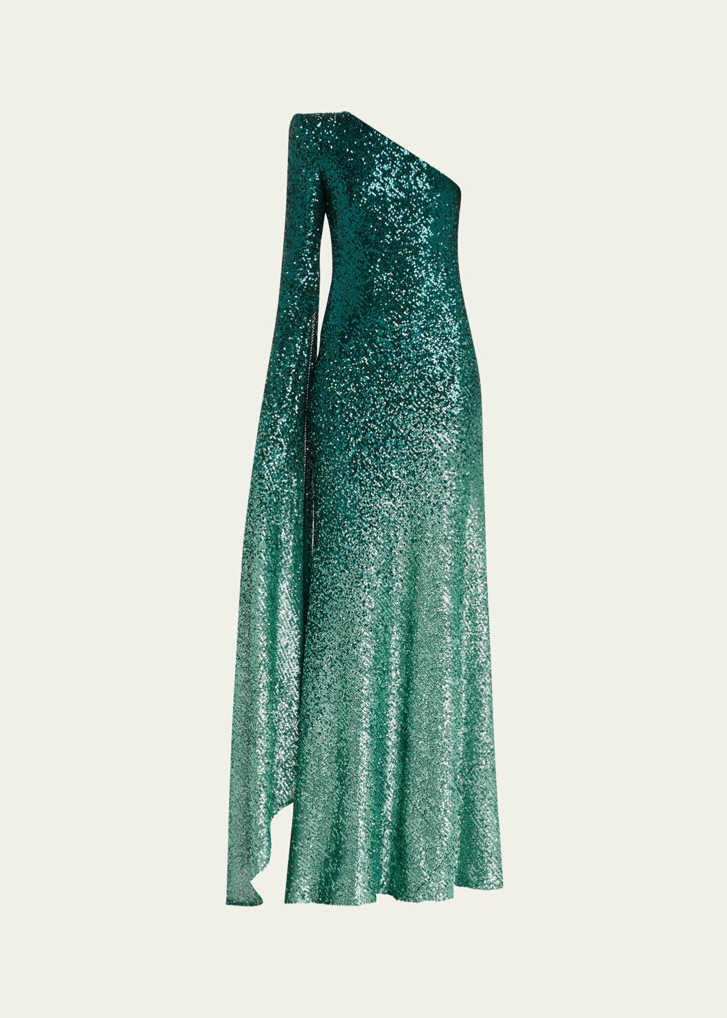 Naeem Khan Ombre Sequined One-Shoulder Cascading Sleeve Gown Image 1 of 5