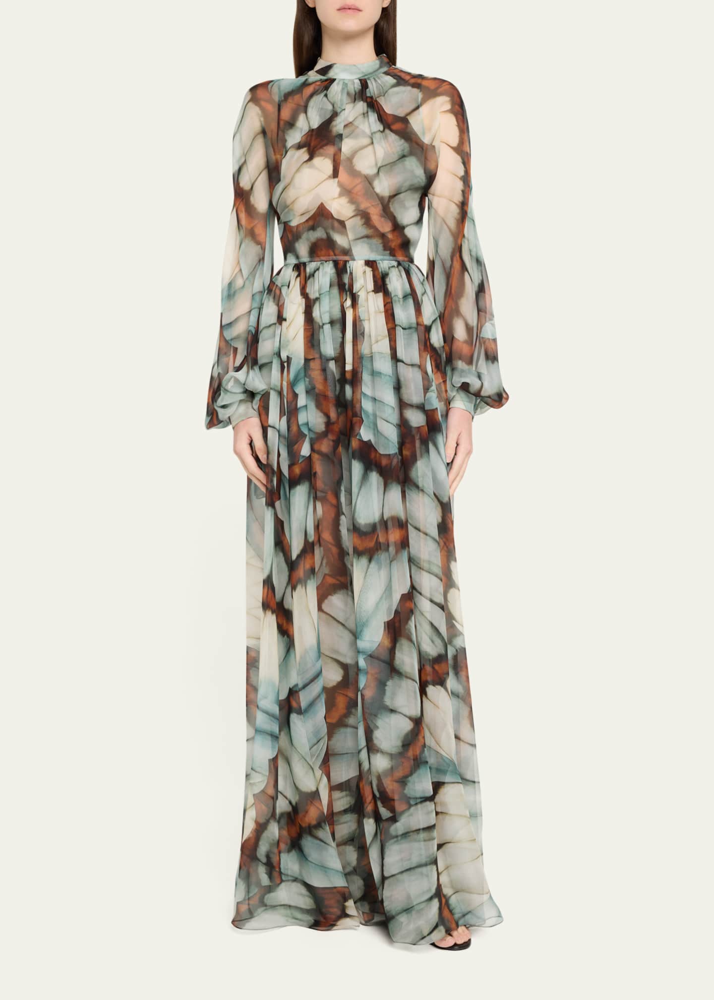 Oscar de la Renta Butterfly Chiffon Long-Sleeve Maxi Dress Image 2 of 5