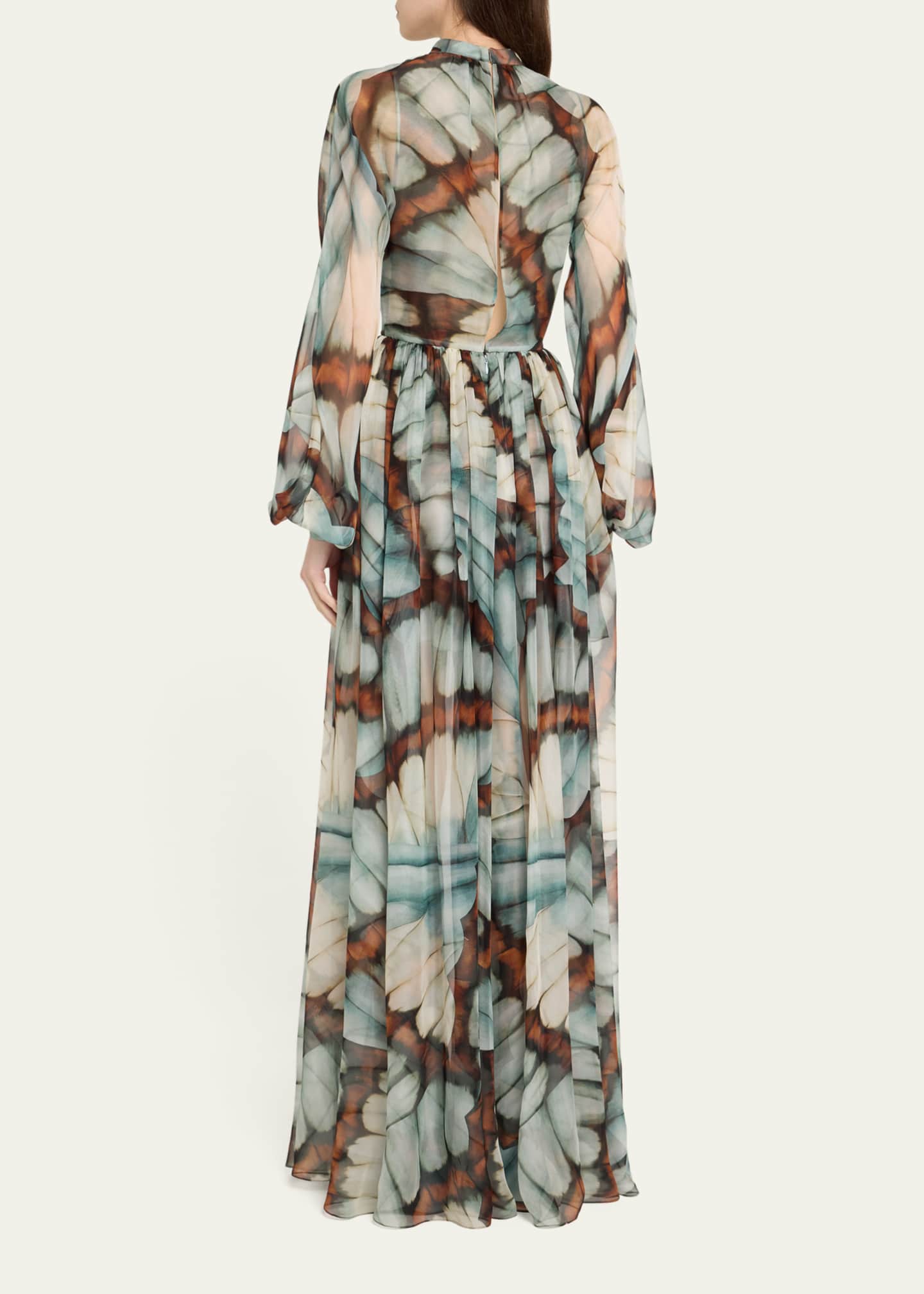 Oscar de la Renta Butterfly Chiffon Long-Sleeve Maxi Dress Image 3 of 5