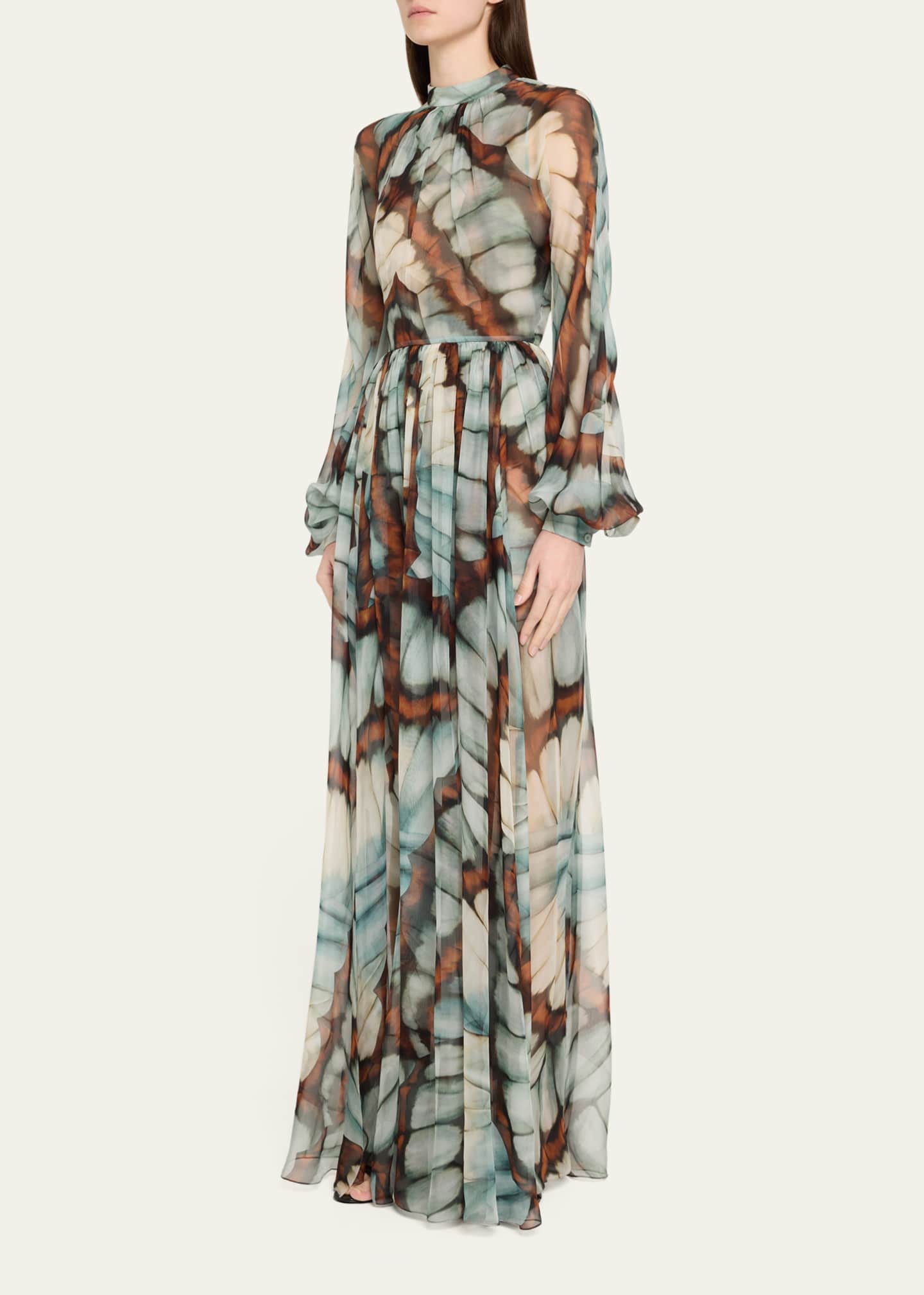 Oscar de la Renta Butterfly Chiffon Long-Sleeve Maxi Dress Image 4 of 5
