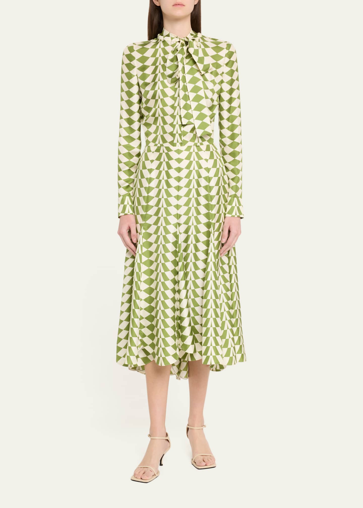 Oscar de la Renta Geo Silk Twill Long-Sleeve Midi Shirtdress Image 2 of 5