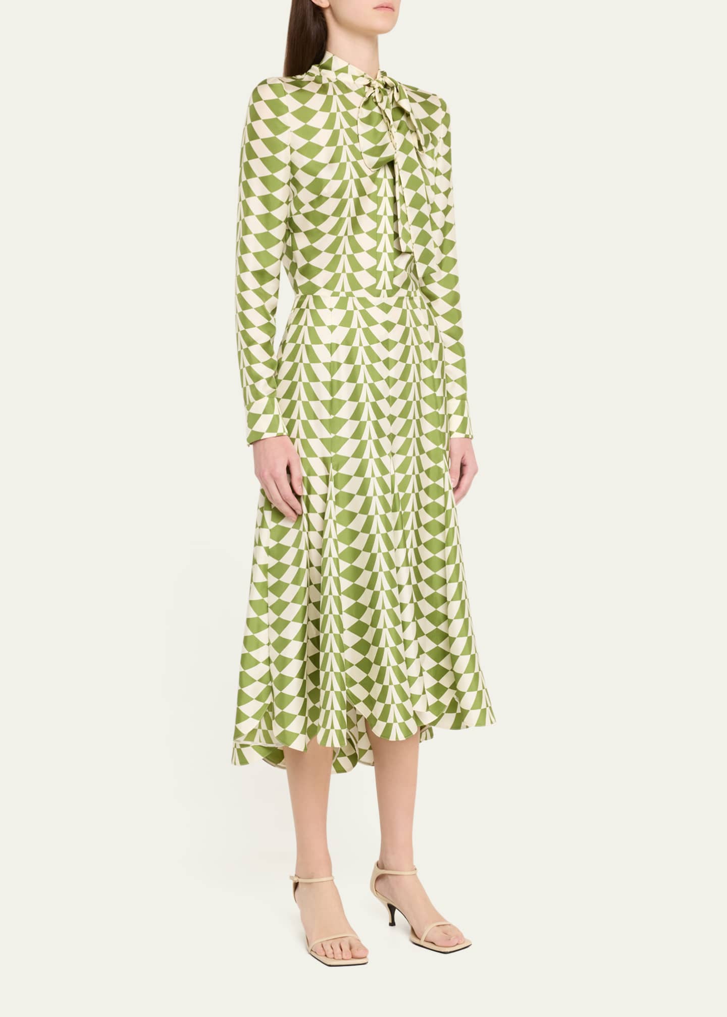 Oscar de la Renta Geo Silk Twill Long-Sleeve Midi Shirtdress Image 4 of 5
