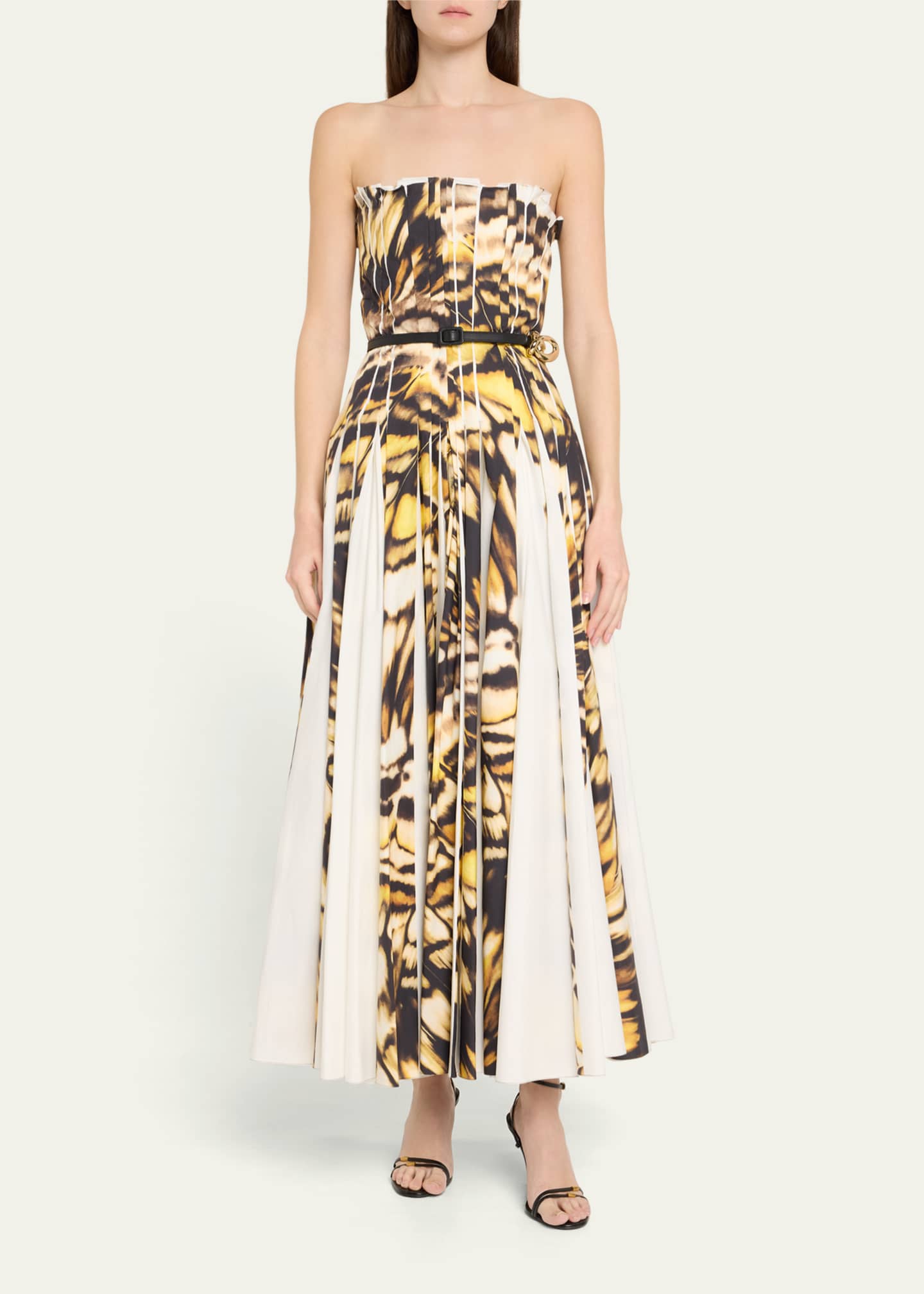 Oscar de la Renta Strapless Pleated Butterfly Poplin Ankle Dress With Belt Image 2 of 4