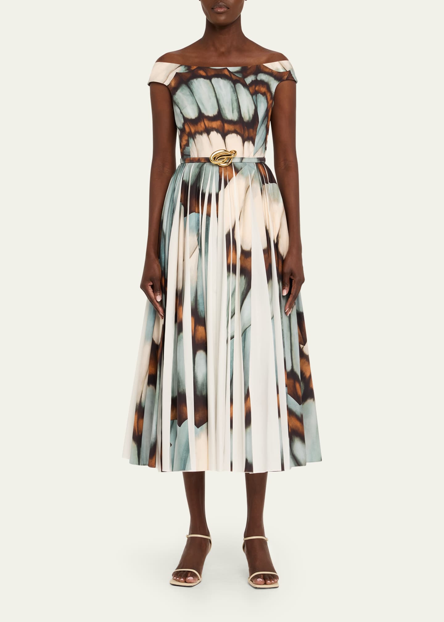Oscar de la Renta Off-The-Shoulder Butterfly Poplin Pleated Midi Dress With Belt Image 2 of 5